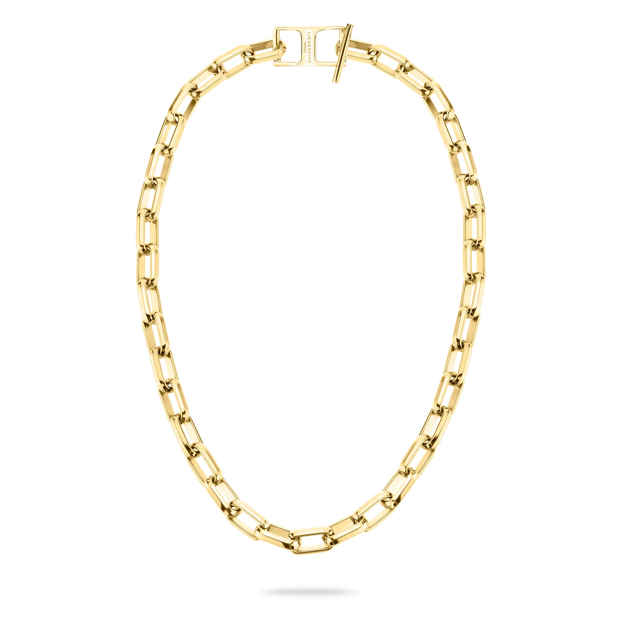 Goldkette mit rechteckigen Gliedern und sicherem Verschluss, ausgestellt auf Weiß - eine stilvolle LIEBESKIND BERLIN Halskette "The Secure Tag" von Liebeskind Berlin, perfekt, um ein elegantes Statement zu setzen.