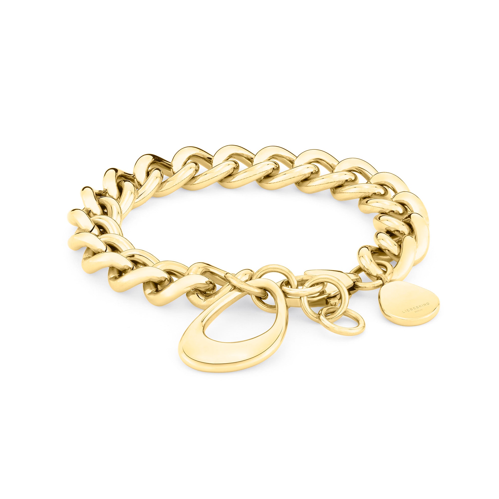 LIEBESKIND BERLIN Armband - The Organic von Liebeskind Berlin: Chunky Panzerkette Design mit zwei großen ovalen Anhängern und einem runden Tag, auf weißem Hintergrund gezeigt.