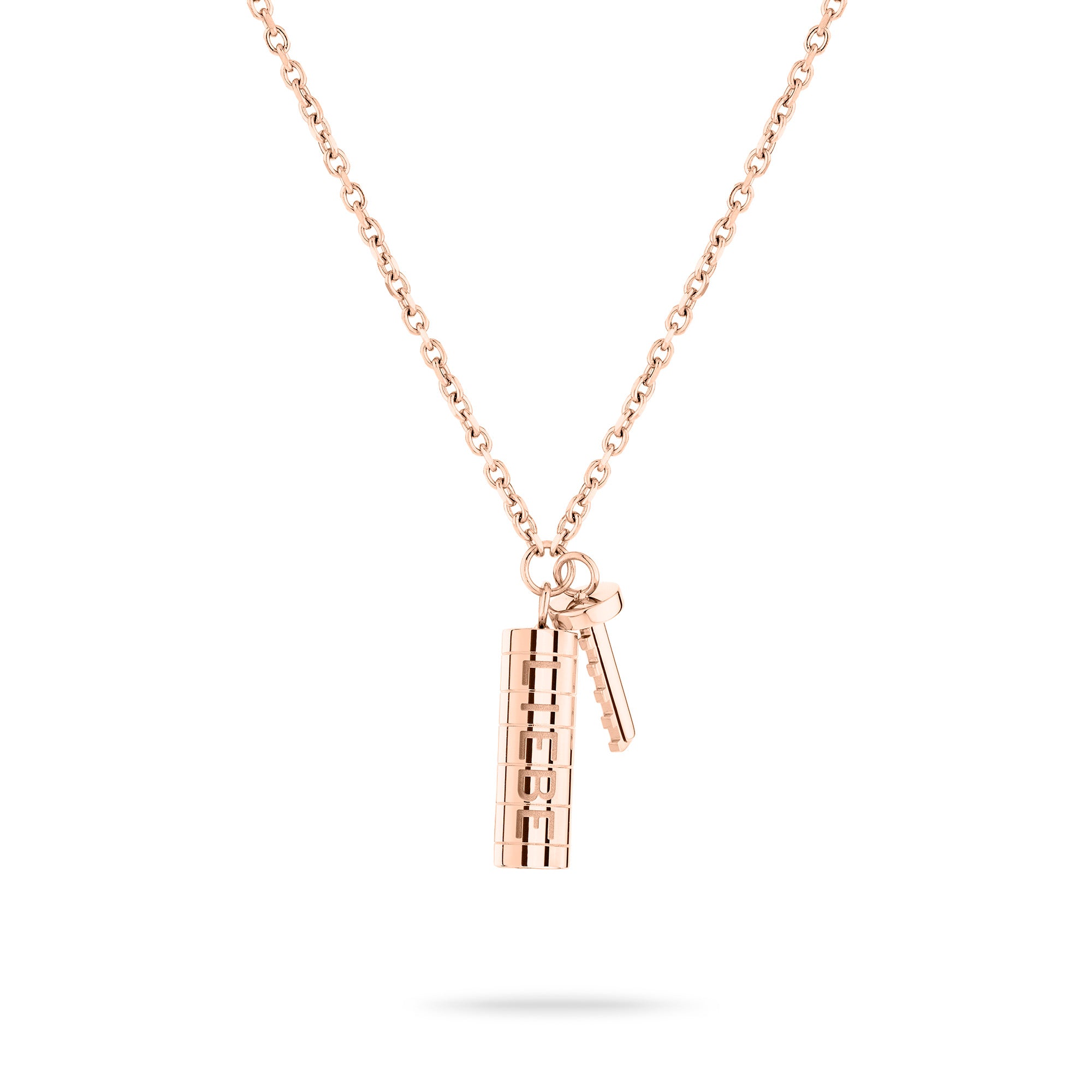 Die LIEBESKIND BERLIN Halskette - Love Lock in Roségold von Liebeskind Berlin mit zylindrischem Anhänger und kleinem Schlüsselanhänger eignet sich perfekt als Valentinstagsschmuck. Abgebildet auf einem weißen Hintergrund.