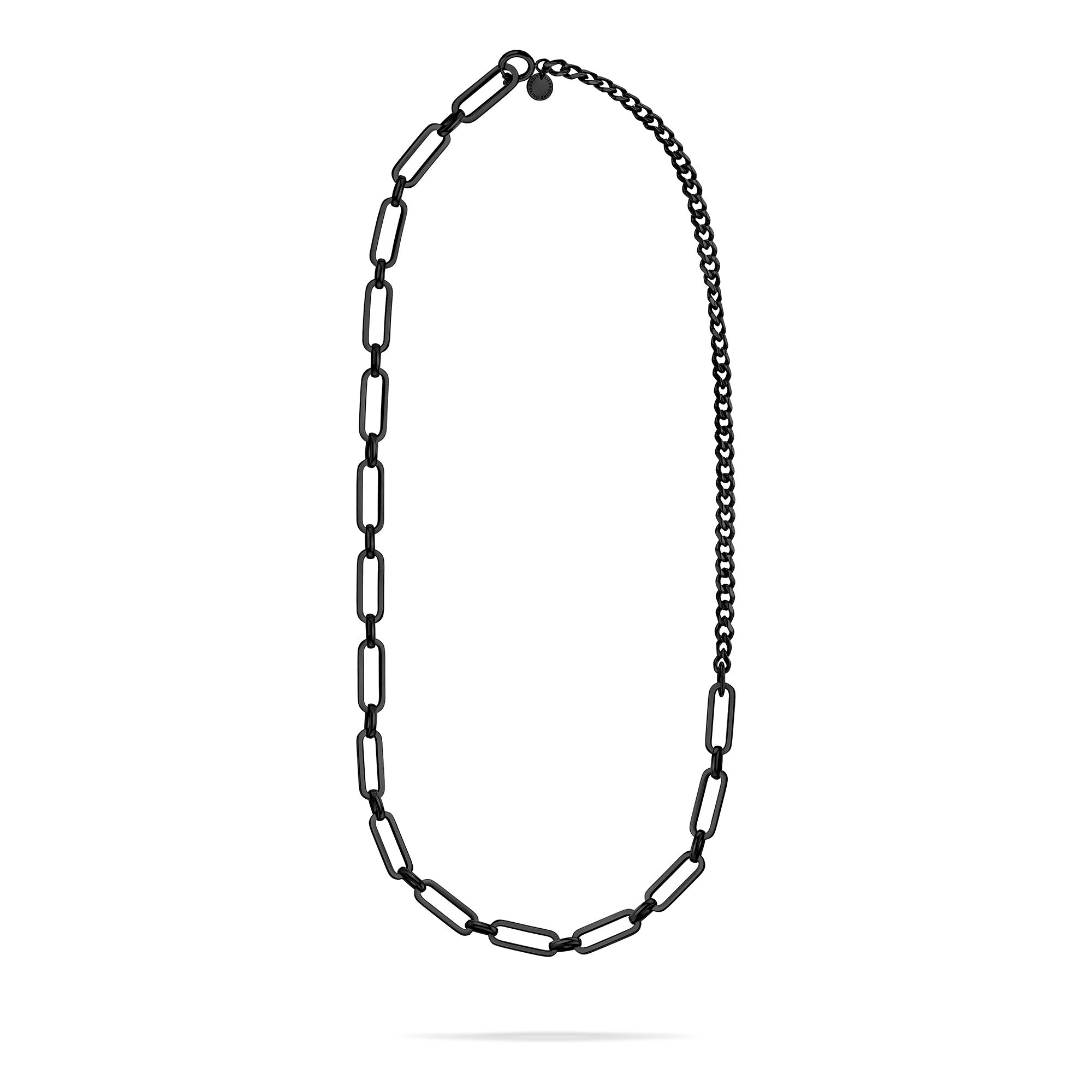 Die LIEBESKIND BERLIN Halskette - Two Chain besteht aus gemischten ovalen und paspelierten Gliedern in Schwarz, die eine kühne Halskette von Liebeskind Berlin ergeben, die auf weißem Hintergrund gezeigt wird.