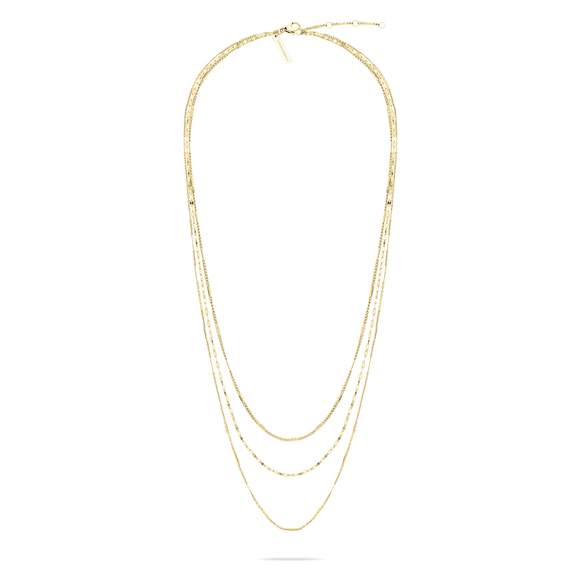 Die LIEBESKIND BERLIN Halskette - Sparkling With Layers von Liebeskind Berlin zeigt drei zarte Goldketten auf weißem Grund - ein zeitloses Stück für jeden Anlass.