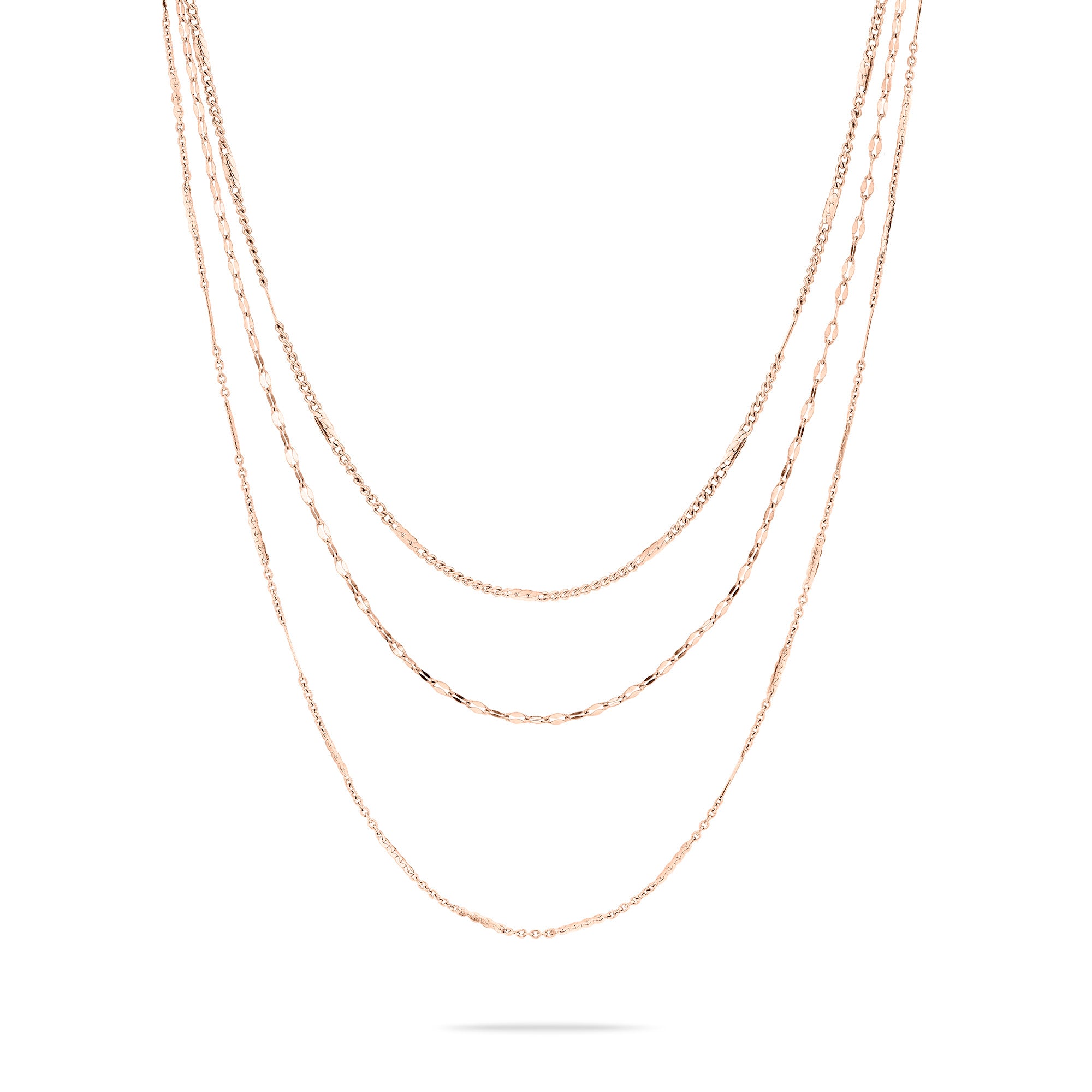 Die LIEBESKIND BERLIN Halskette - Sparkling With Layers von Liebeskind Berlin besteht aus drei zarten Ketten in Roségold, die auf weißem Grund elegant in Szene gesetzt werden.