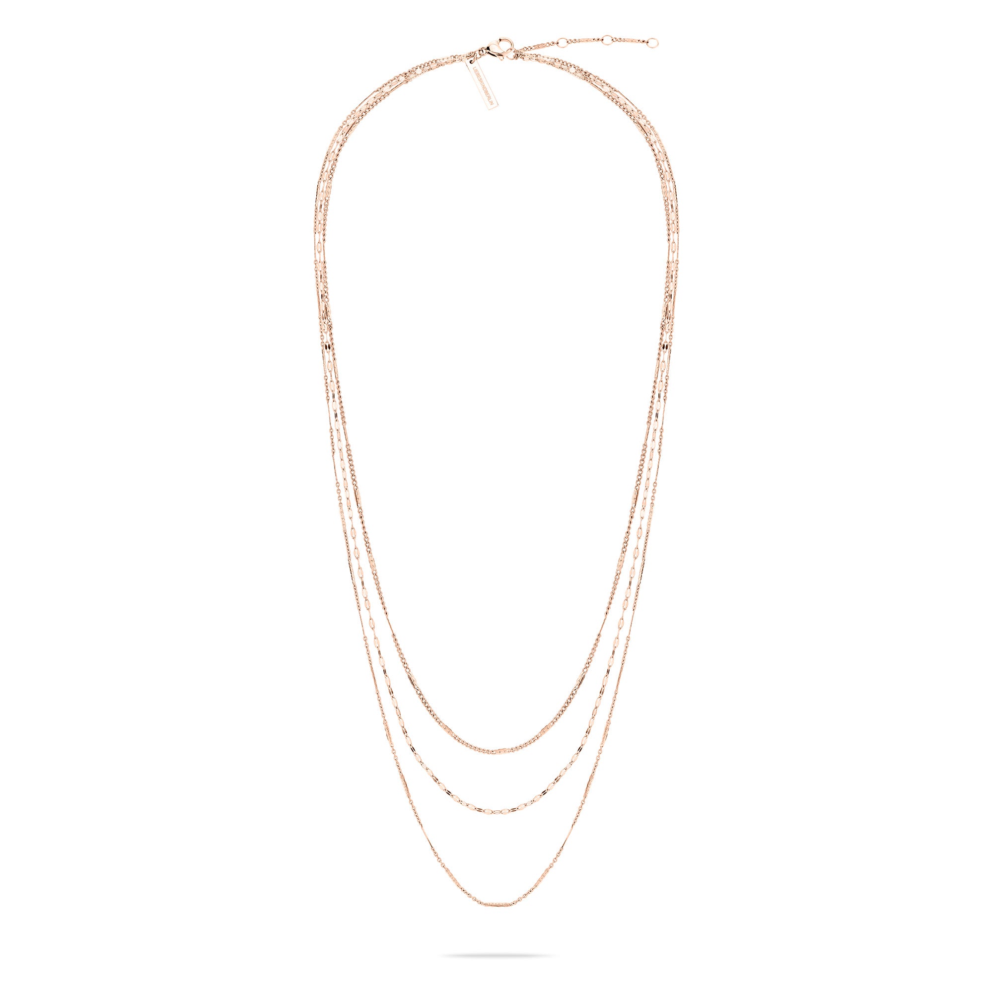 Die LIEBESKIND BERLIN Halskette - Sparkling With Layers von Liebeskind Berlin ist eine dreilagige Goldkette mit verstellbarem Verschluss, die sich elegant auf weißem Grund präsentiert.