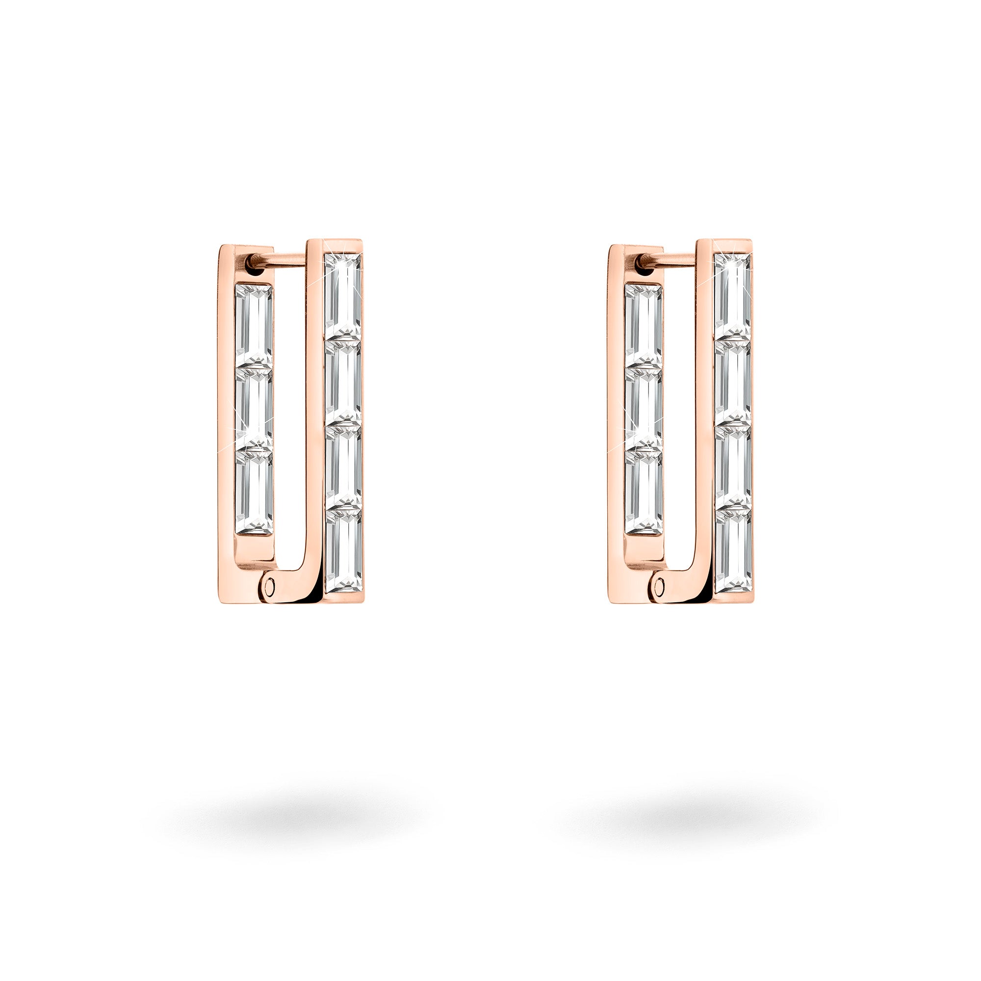 Die LIEBESKIND BERLIN Creole - Sparkling Link Ohrringe von Liebeskind Berlin in Roségold mit vertikalen Reihen funkelnder Zirkonia-Steine, präsentiert auf weißem Hintergrund.