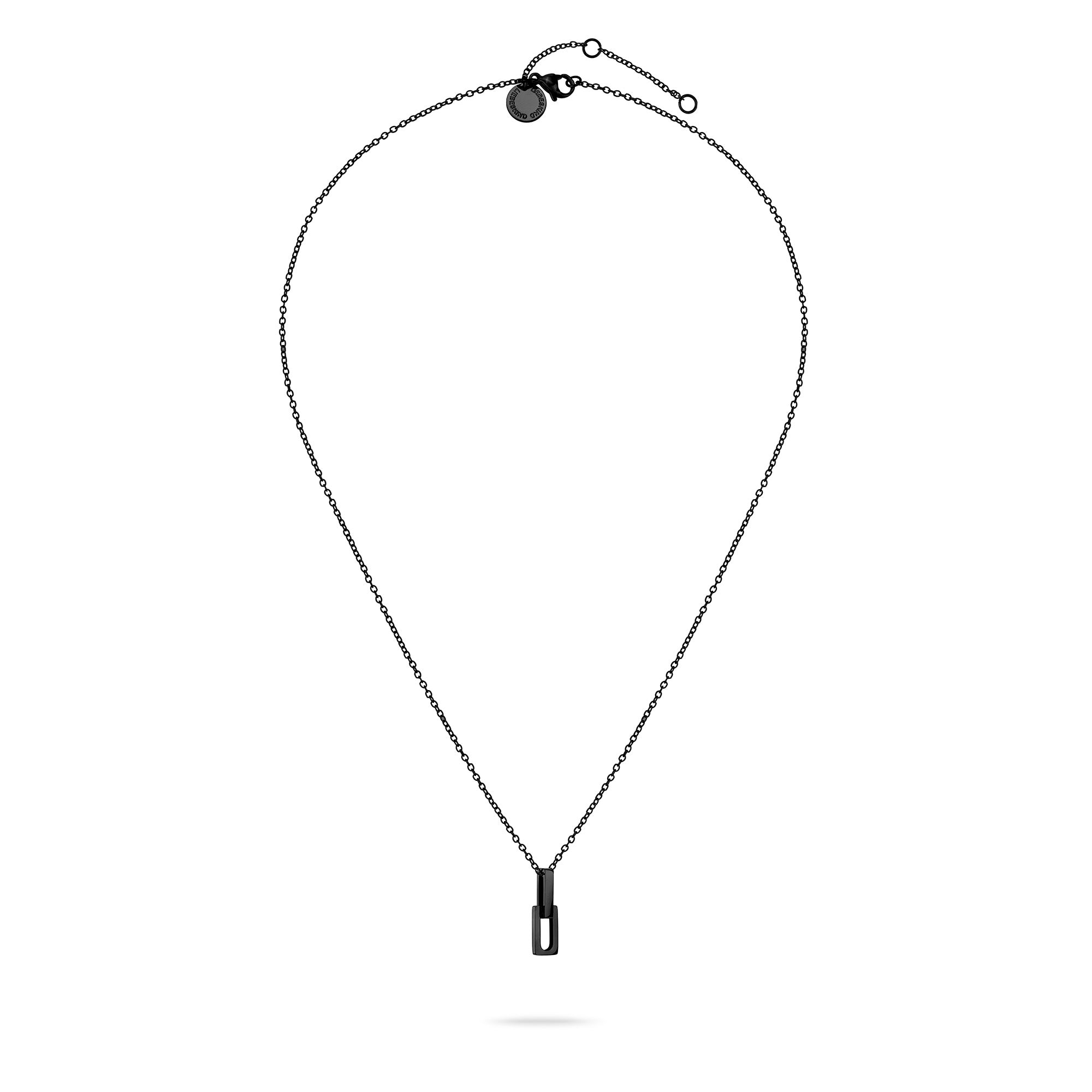 Die LIEBESKIND BERLIN Halskette - Mini Link ist eine minimalistische schwarze Kette mit einem kleinen rechteckigen Anhänger von Liebeskind Berlin, die auf einem weißen Hintergrund abgebildet ist.
