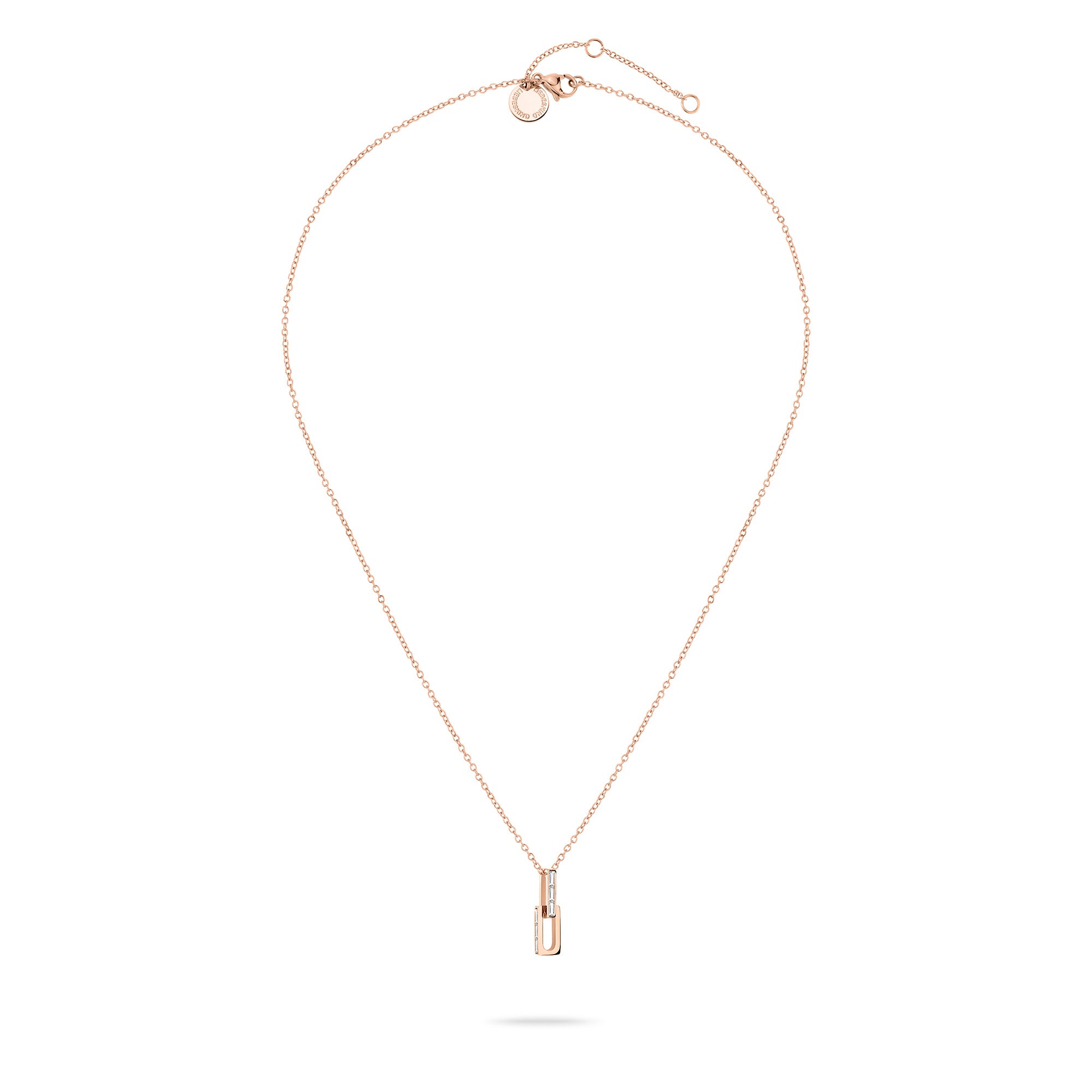 Die LIEBESKIND BERLIN Halskette - The Festive Mini Link Sparkle ist eine zarte roségoldene Halskette von Liebeskind Berlin mit einem länglichen Mini Link Anhänger und funkelnden Zirkoniasteinen, die auf weißem Hintergrund dargestellt sind.