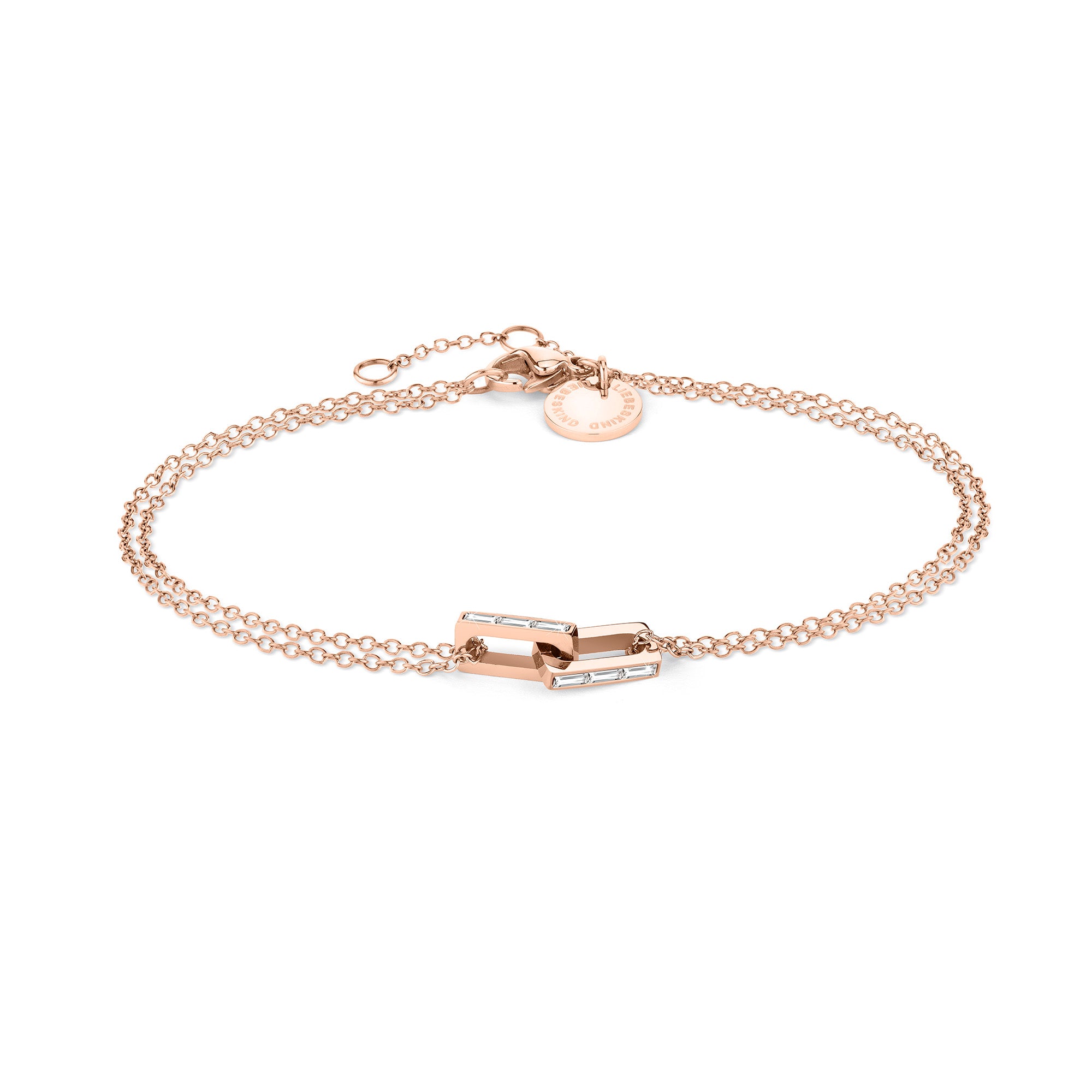 Das LIEBESKIND BERLIN Armband - The Festive Mini Link Sparkle ist ein roségoldenes Doppelkettenarmband mit zwei rechteckigen Zirkonia-Anhängern, einem Mini Link Charm und einem runden Anhänger - ein raffiniertes Accessoire von Liebeskind Berlin.