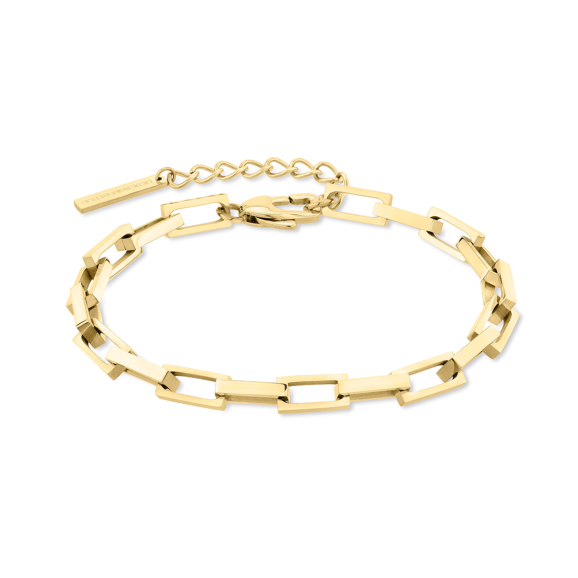 LIEBESKIND BERLIN Armband - Urban Chic: Goldfarbenes Gliederarmband mit markanten rechteckigen Gliedern und verstellbarem Verschluss von Liebeskind Berlin, abgebildet auf weißem Hintergrund.