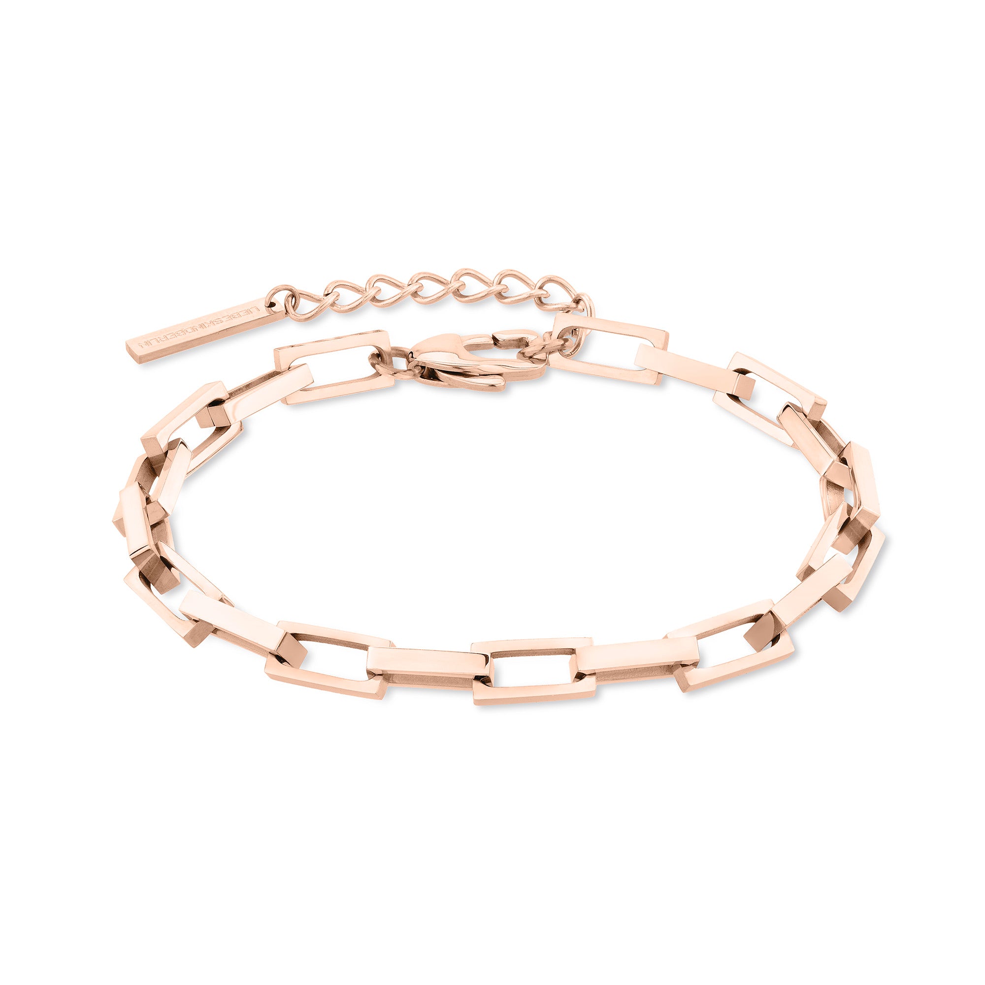 Das LIEBESKIND BERLIN Armband - Urban Chic von Liebeskind Berlin verfügt über roségoldene, rechteckige Glieder und einen verstellbaren Verschluss, der elegant auf weißem Hintergrund für einen modernen, urbanen Stil sorgt.