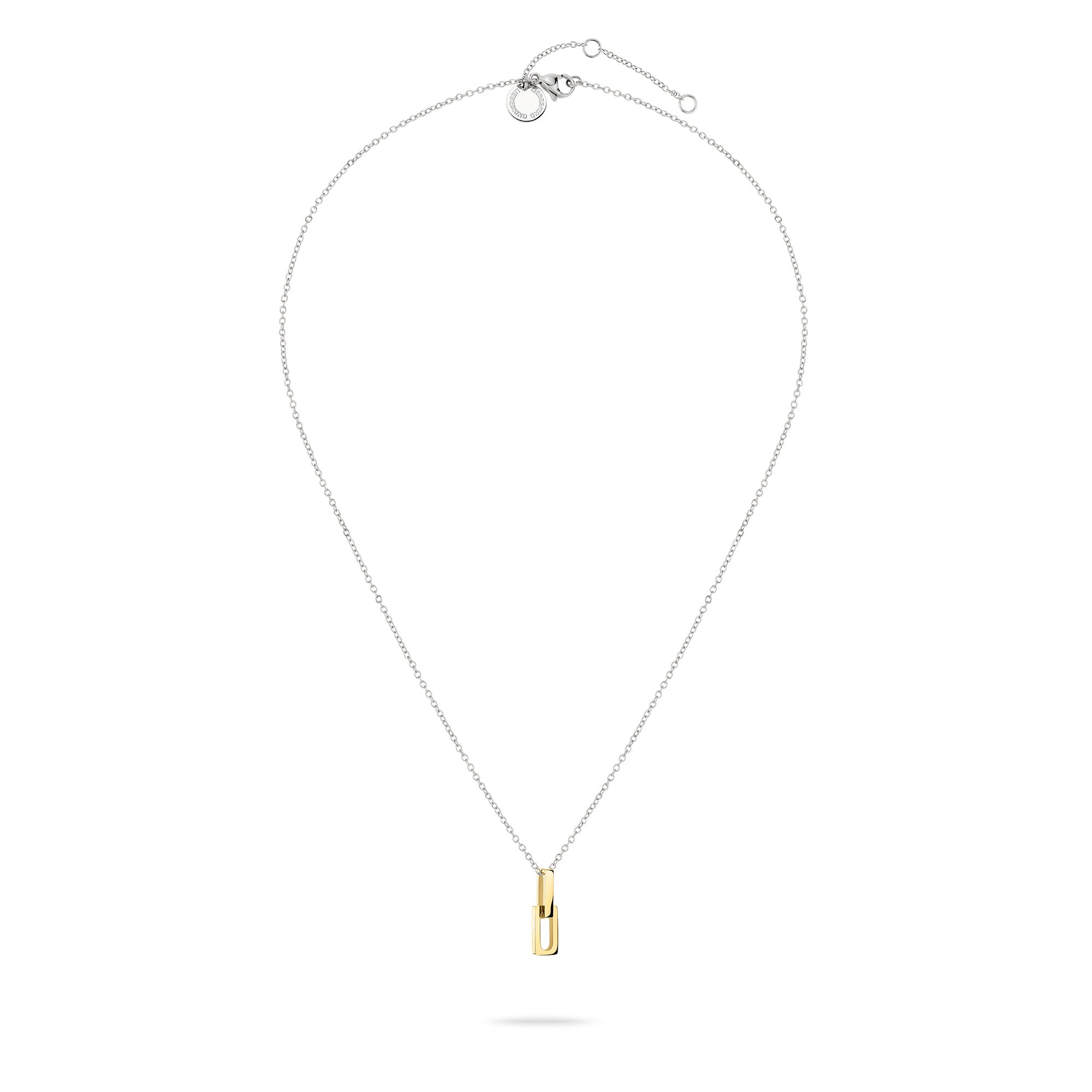 Die LIEBESKIND BERLIN Halskette - Mini Link von Liebeskind Berlin besteht aus einer silbernen Kette und einem kleinen goldenen vertikalen Stabanhänger, der jedem Look moderne Eleganz verleiht. Abgebildet auf einem weißen Hintergrund.