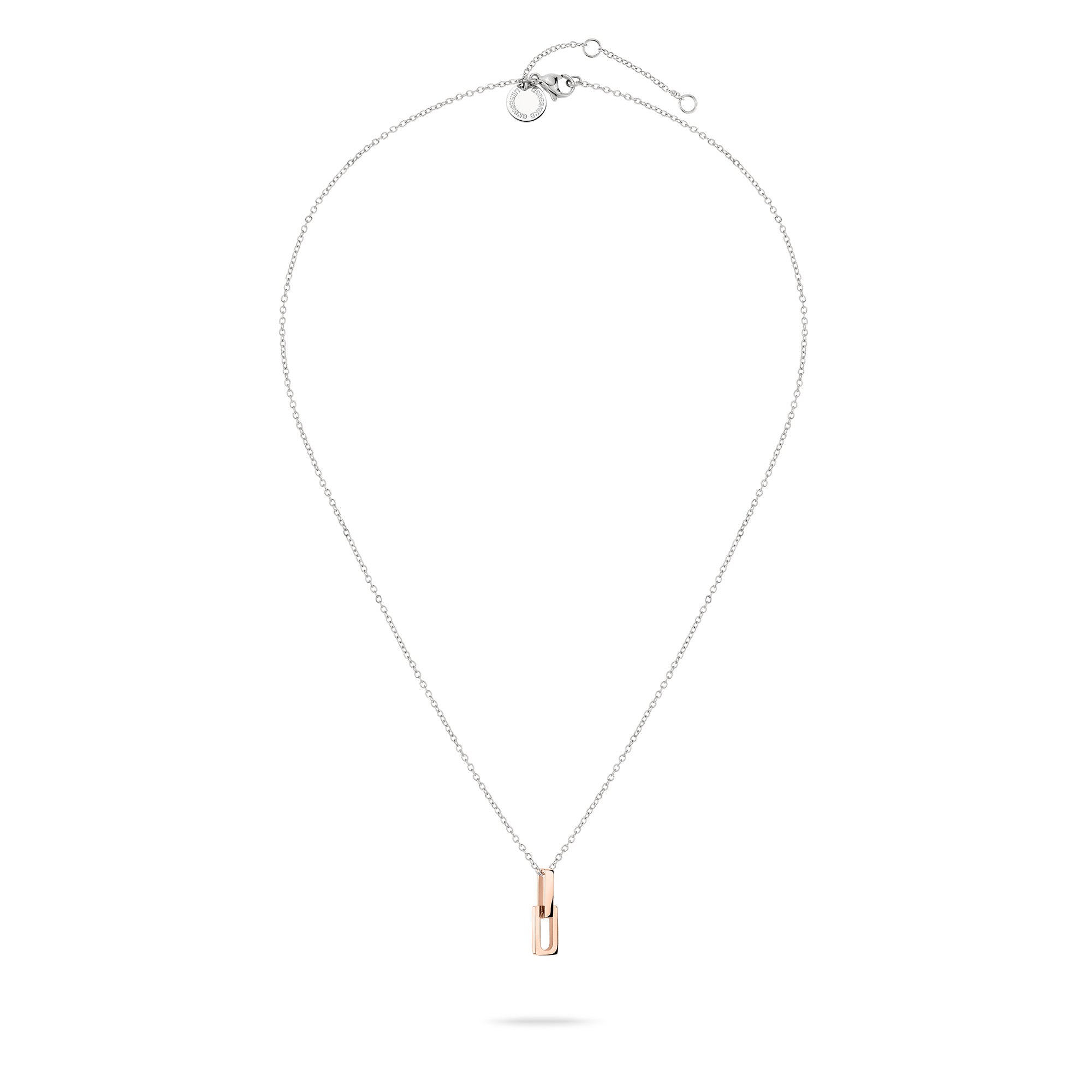 Die LIEBESKIND BERLIN Halskette - Mini Link ist eine zarte Silberkette mit einem kleinen roségoldenen Kapsel-Anhänger auf weißem Grund - ein subtiles, modernes Stück von Liebeskind Berlin.