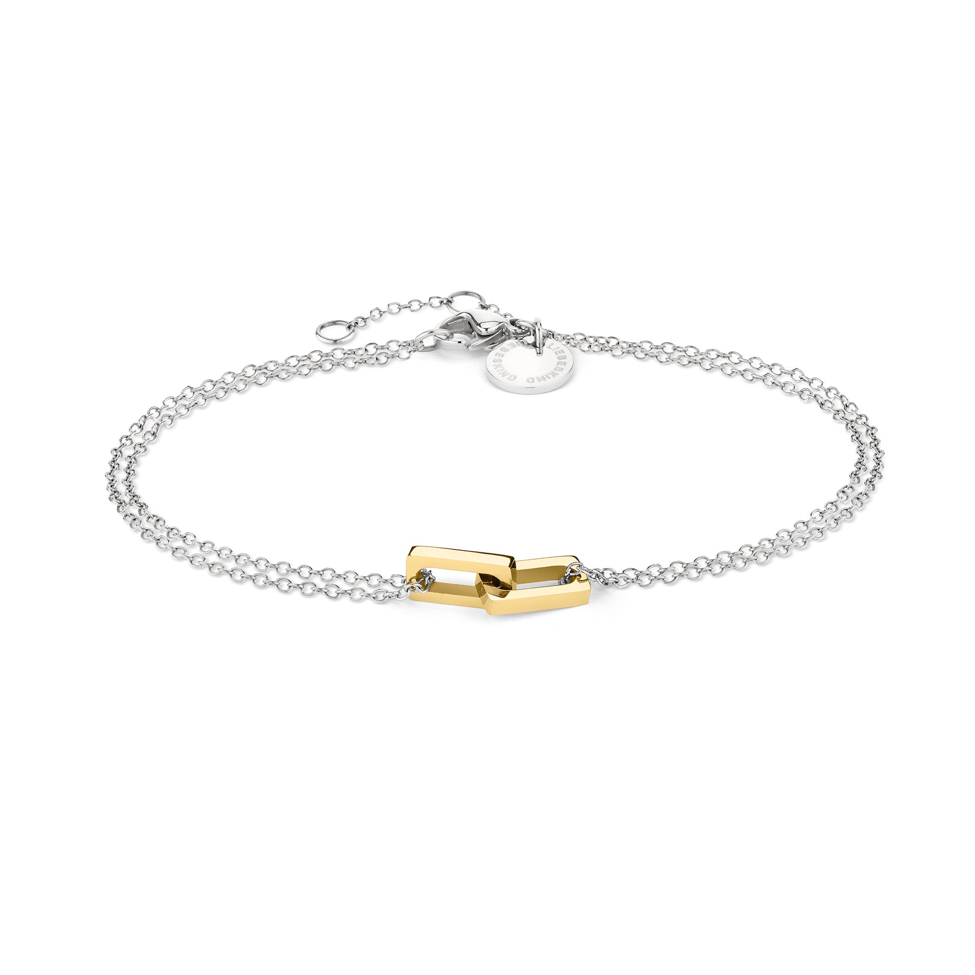 Das LIEBESKIND BERLIN Armband - Mini Link besteht aus einer silbernen Kette mit zwei ineinandergreifenden goldenen Gliedern, einem runden Anhänger am Verschluss und dem zeitlosen Liebeskind Berlin-Stil für einen Hauch von moderner Eleganz.