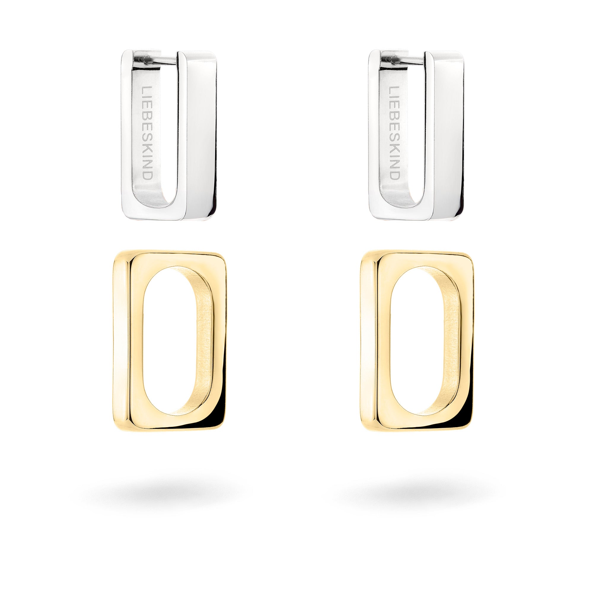 moderne Ohrstecker in rechteckiger Gliederform, silberfarbenen oberen und goldfarbenen unteren Teil. Zusatzbild - ausgehängt