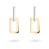 moderne Ohrstecker in rechteckiger Gliederform, silberfarbenen oberen und goldfarbenen unteren Teil. Seitenansicht