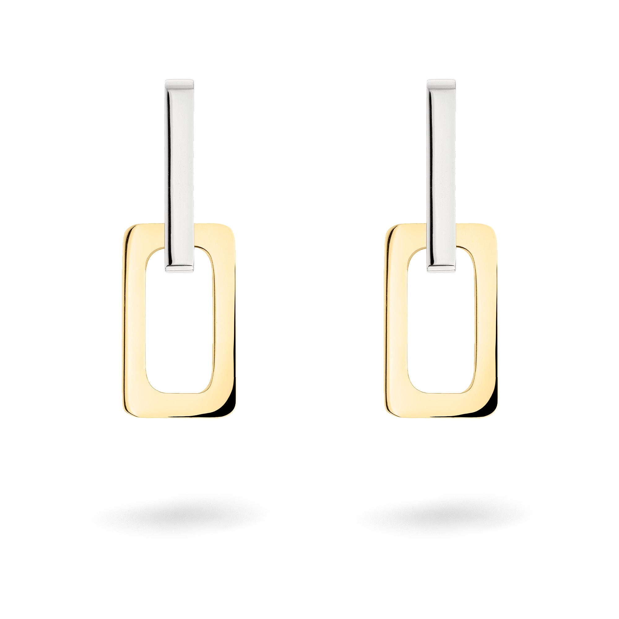 moderne Ohrstecker in rechteckiger Gliederform, silberfarbenen oberen und goldfarbenen unteren Teil. Seitenansicht
