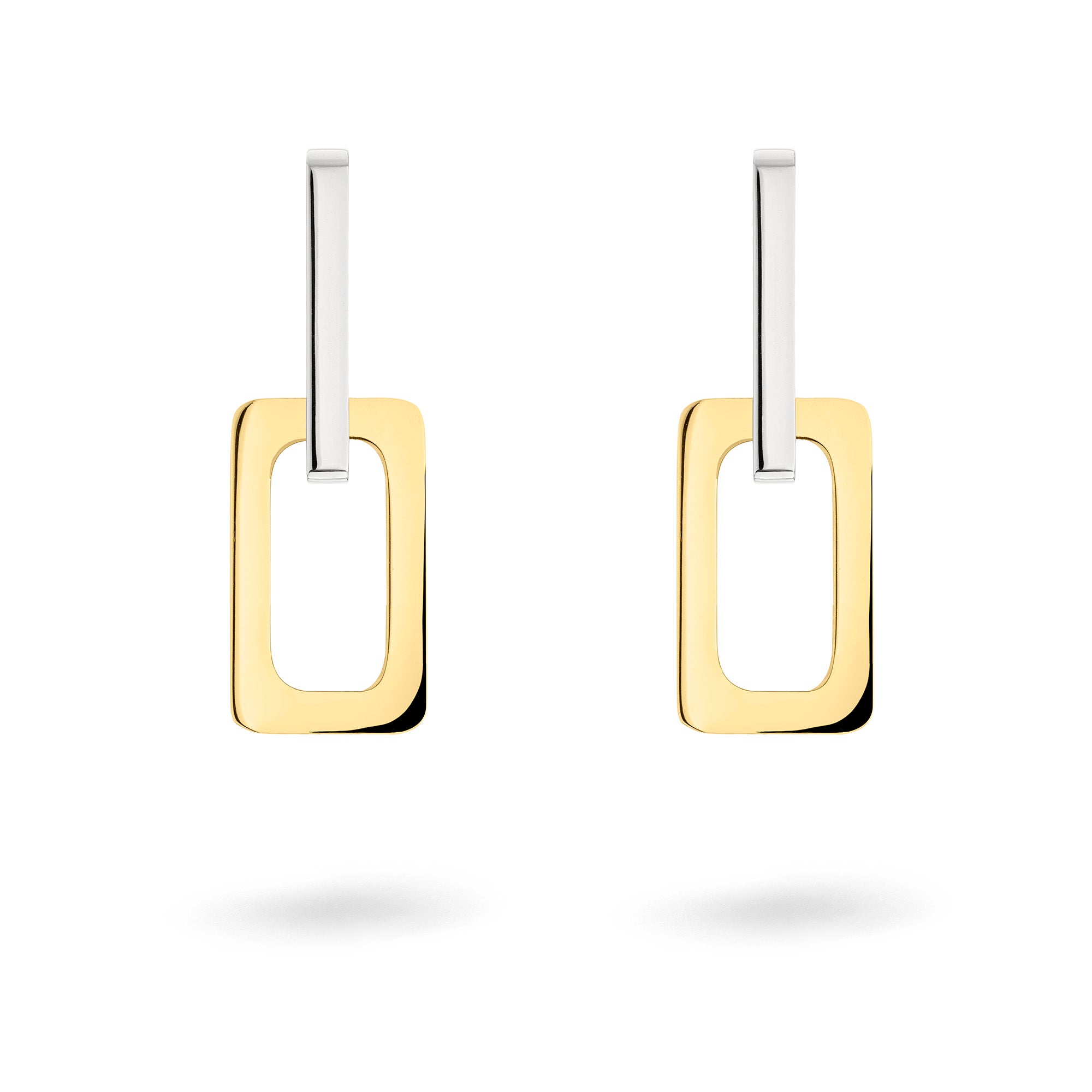 Ein Paar LIEBESKIND BERLIN Creole - The Mini Link Ohrringe von Liebeskind Berlin in Gold mit silbernen Haken, aus poliertem Edelstahl, auf weißem Hintergrund.