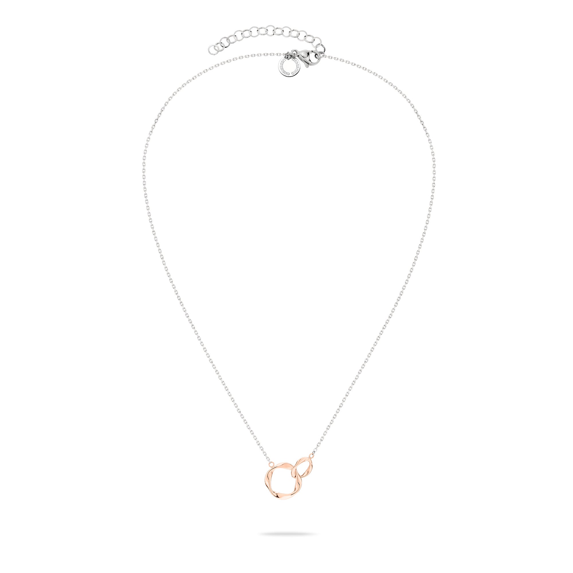 Die LIEBESKIND BERLIN Halskette - The Organic Twist besteht aus zwei ineinander greifenden Ringen in Roségold und Silber an einer Edelstahlkette und ist perfekt für einen schicken Lagenlook. Marke: Liebeskind Berlin.