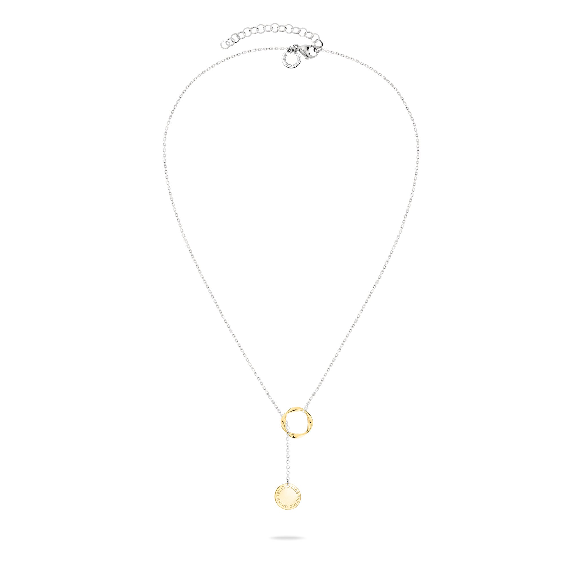 LIEBESKIND BERLIN Halskette - Die Organic Twist von Liebeskind Berlin besteht aus zwei ineinandergreifenden goldenen Kreisen an einer silbernen Kette und strahlt schlichte Eleganz für den Alltag aus. Abgebildet vor einem weißen Hintergrund.