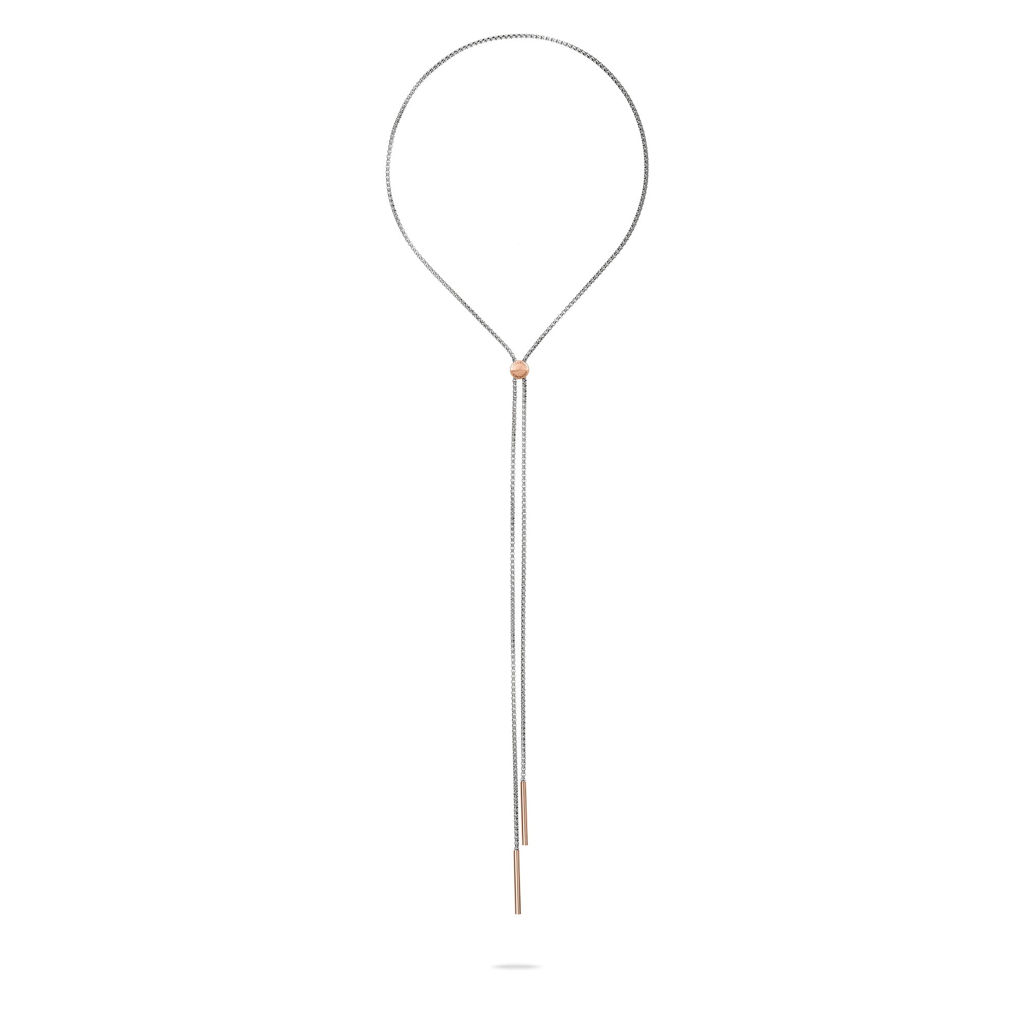 Die LIEBESKIND BERLIN Halskette - The Everyday Combination ist eine elegante, silberne, verstellbare Y-Kette mit einer Schlaufe und zwei vertikalen Stabanhängern, gefertigt aus Edelstahl von Liebeskind Berlin.