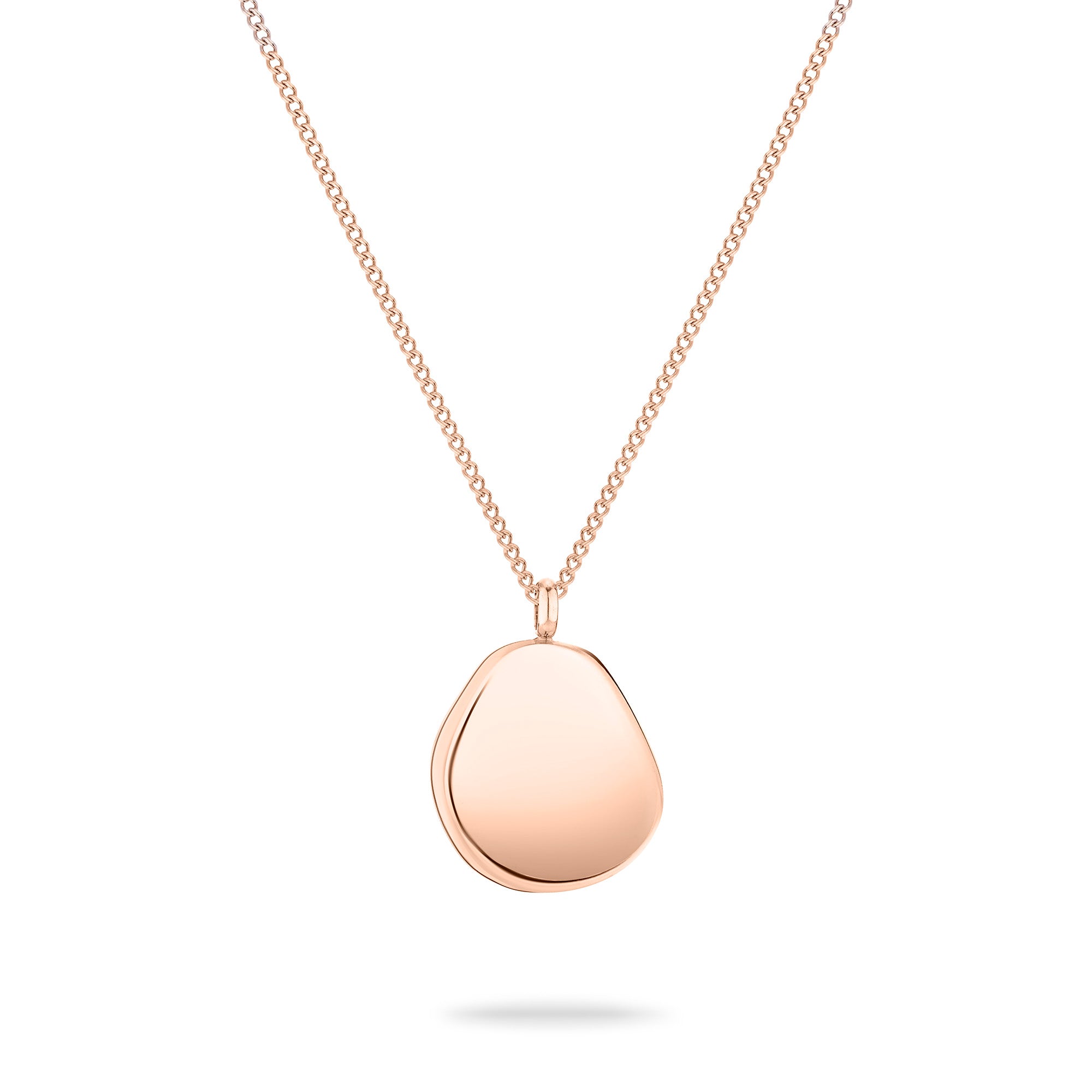 Die LIEBESKIND BERLIN Halskette - The Organic Pendant von Liebeskind Berlin besteht aus einem glatten, organisch geformten Anhänger aus Roségold an einer zarten, verstellbaren Edelstahlkette, die auf weißem Hintergrund abgebildet ist.