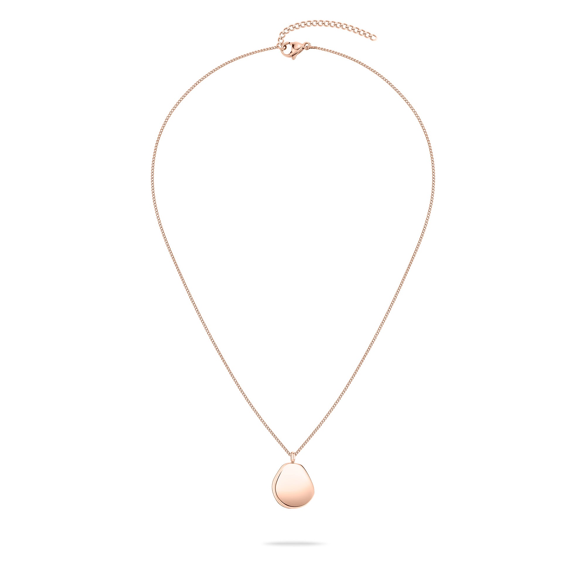 Die LIEBESKIND BERLIN Halskette "The Organic Pendant" von Liebeskind Berlin aus roségoldfarbenem Edelstahl hat einen tropfenförmigen Anhänger an einer zarten, längenverstellbaren Kette und wird auf weißem Hintergrund präsentiert.