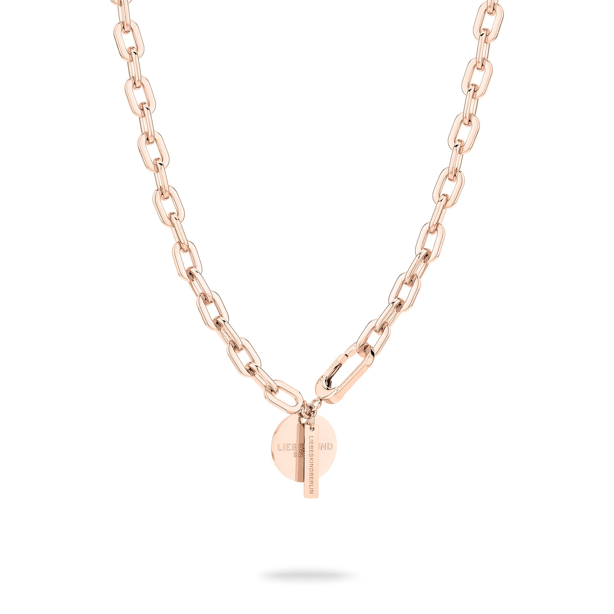 LIEBESKIND BERLIN Halskette - Der Double Tag von Liebeskind Berlin in Roségold besteht aus großen Gliederkettengliedern, einem runden Anhänger und einem vertikalen Bar Charm - moderner Schmuck für jeden Anlass.