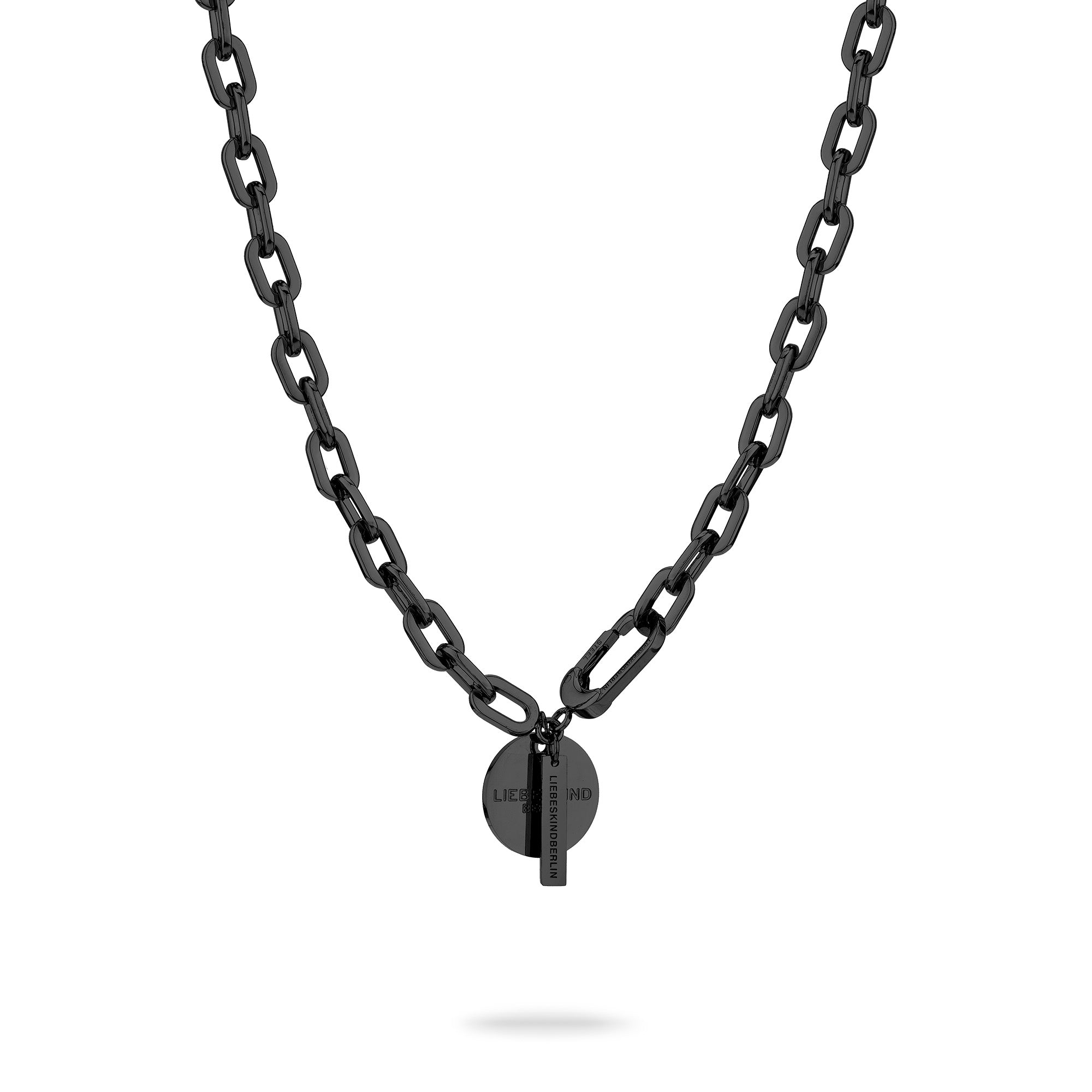 Die LIEBESKIND BERLIN Halskette - The Double Tag von Liebeskind Berlin ist eine moderne schwarze Gliederkette mit rundem und rechteckigem, graviertem Anhänger - ein stilvoller Akzent für Damen.