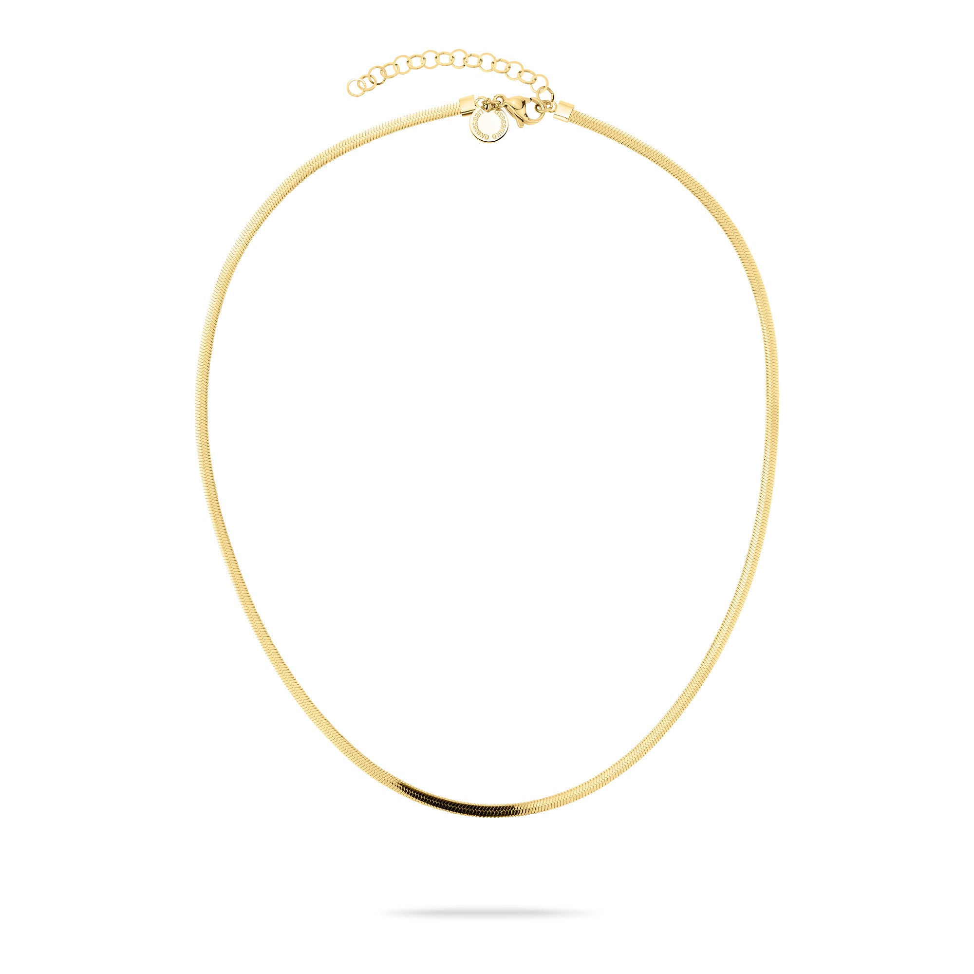 LIEBESKIND BERLIN Halskette - The Long Sleek: eine goldene Halskette von Liebeskind Berlin mit einem einfachen, flachen Design, einer schlanken Kette und einem verstellbaren Verschluss, abgebildet auf weißem Hintergrund.