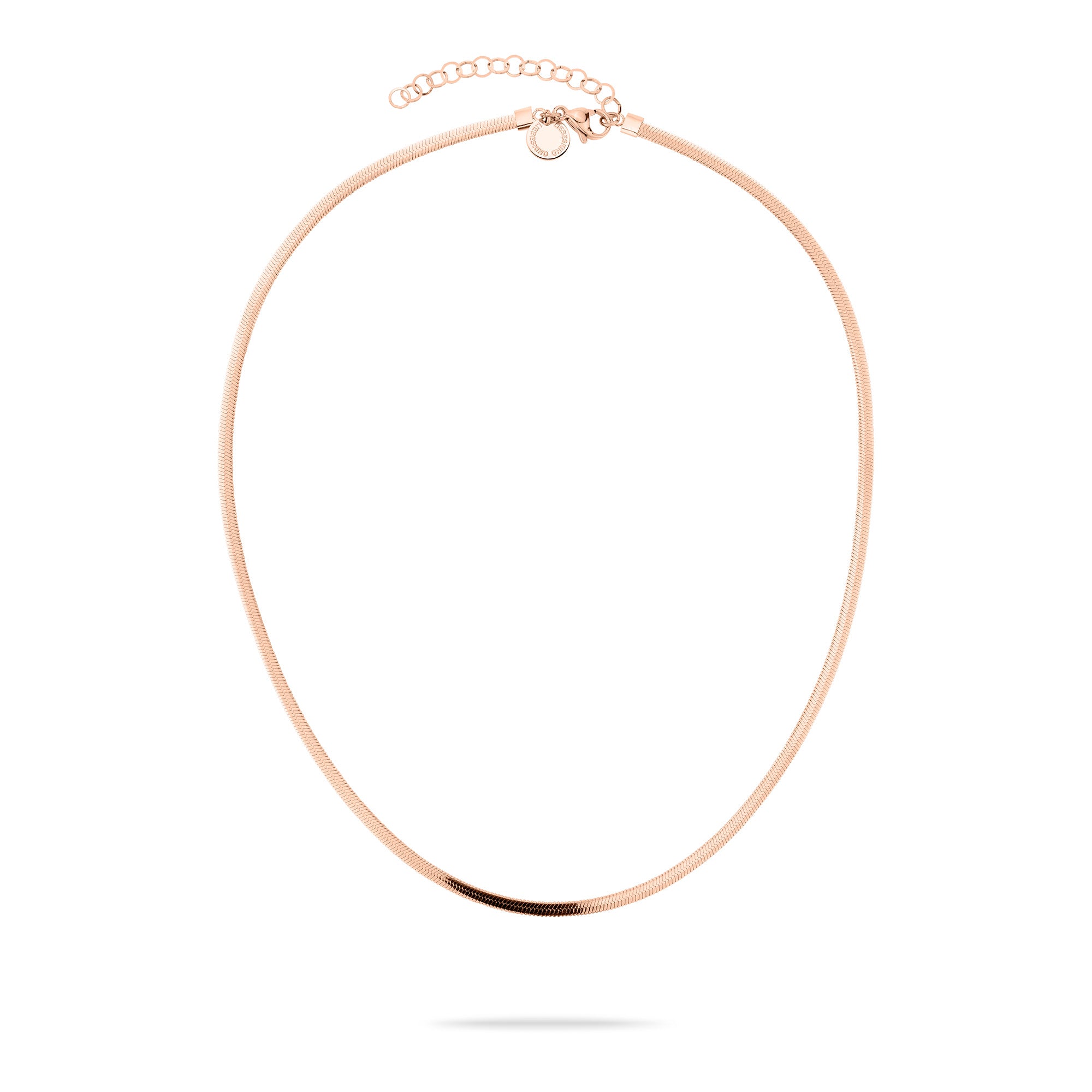 Die LIEBESKIND BERLIN Halskette - The Long Sleek ist eine roségoldene Halskette mit verstellbarem Verschluss von Liebeskind Berlin, abgebildet auf weißem Hintergrund.
