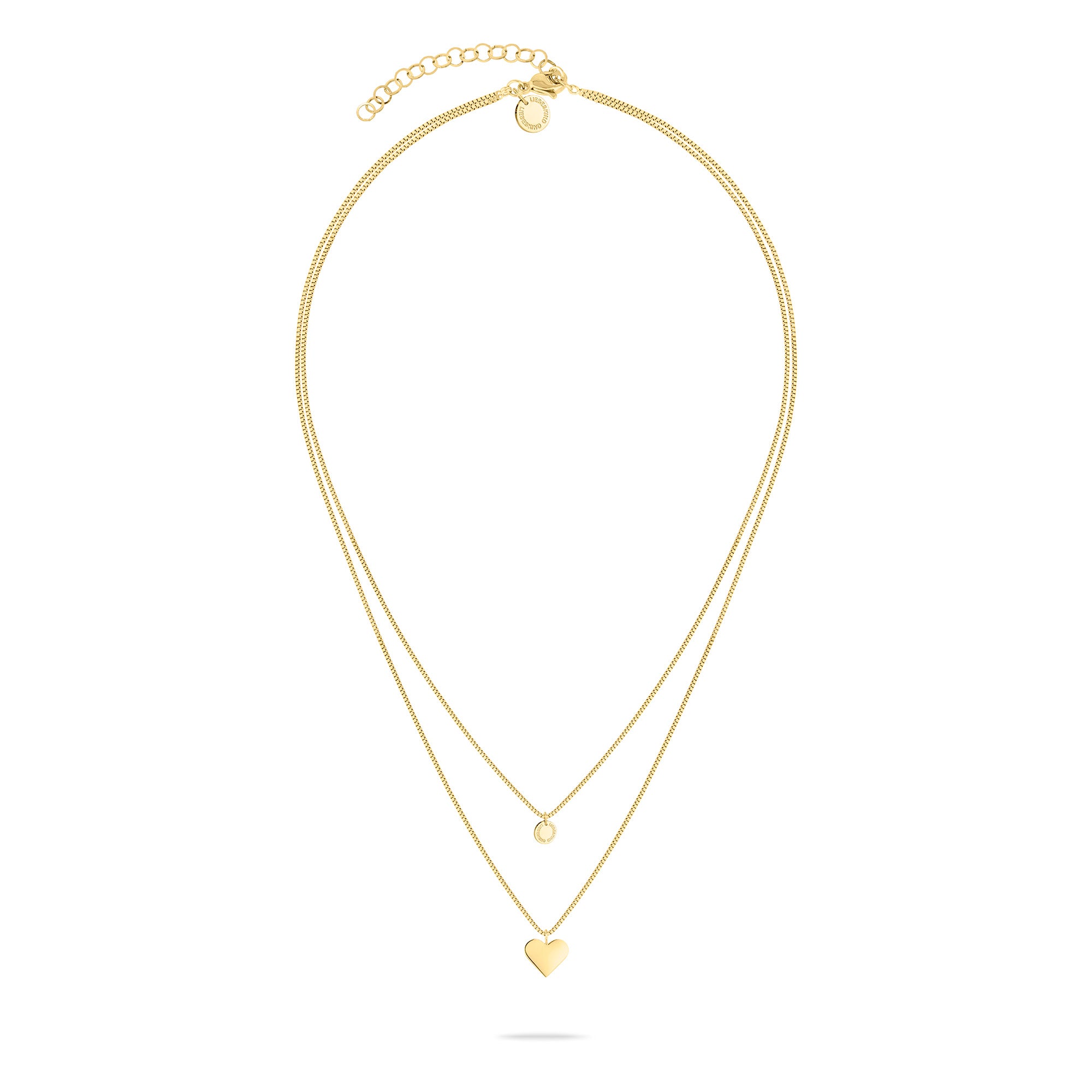 Die LIEBESKIND BERLIN Halskette - Layered Love von Liebeskind Berlin ist eine goldene Edelstahlkette mit zwei feinen Strängen: Einer trägt einen kleinen Kreis, der andere einen Herzanhänger.