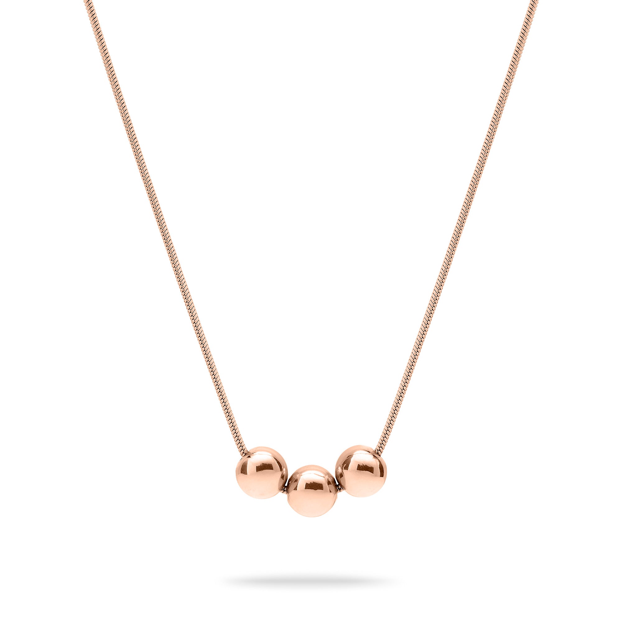 Die LIEBESKIND BERLIN Halskette - Steel Ball von Liebeskind Berlin in Roségold mit drei polierten Kugeln auf filigraner Kette vor weißem Hintergrund besticht durch ihr stilvolles, minimalistisches Design.