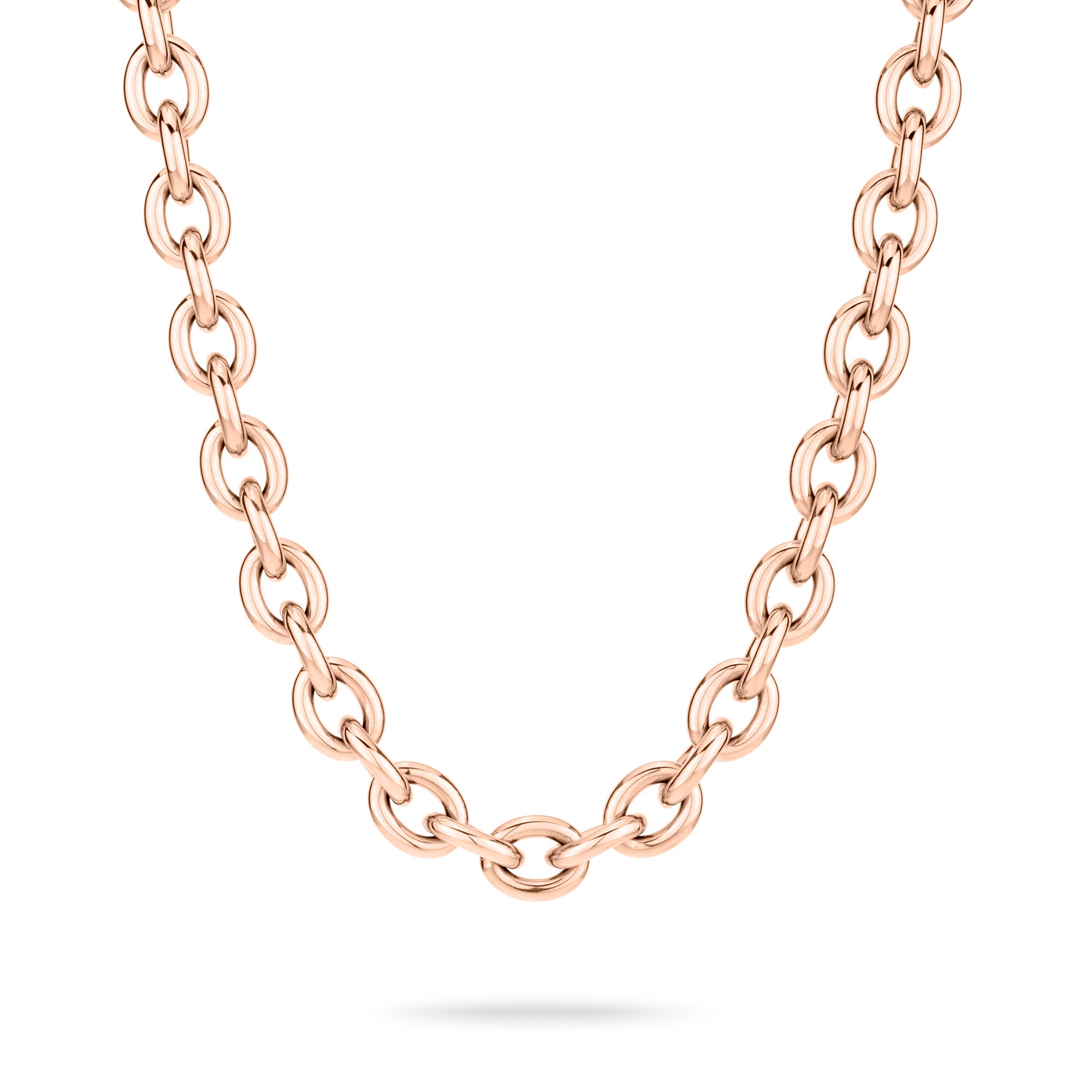 Die Liebeskind Berlin Halskette - The D-Link Statement ist eine Damenkette mit groben, ovalen Gliedern in Roségold von Liebeskind Berlin, präsentiert auf weißem Hintergrund.
