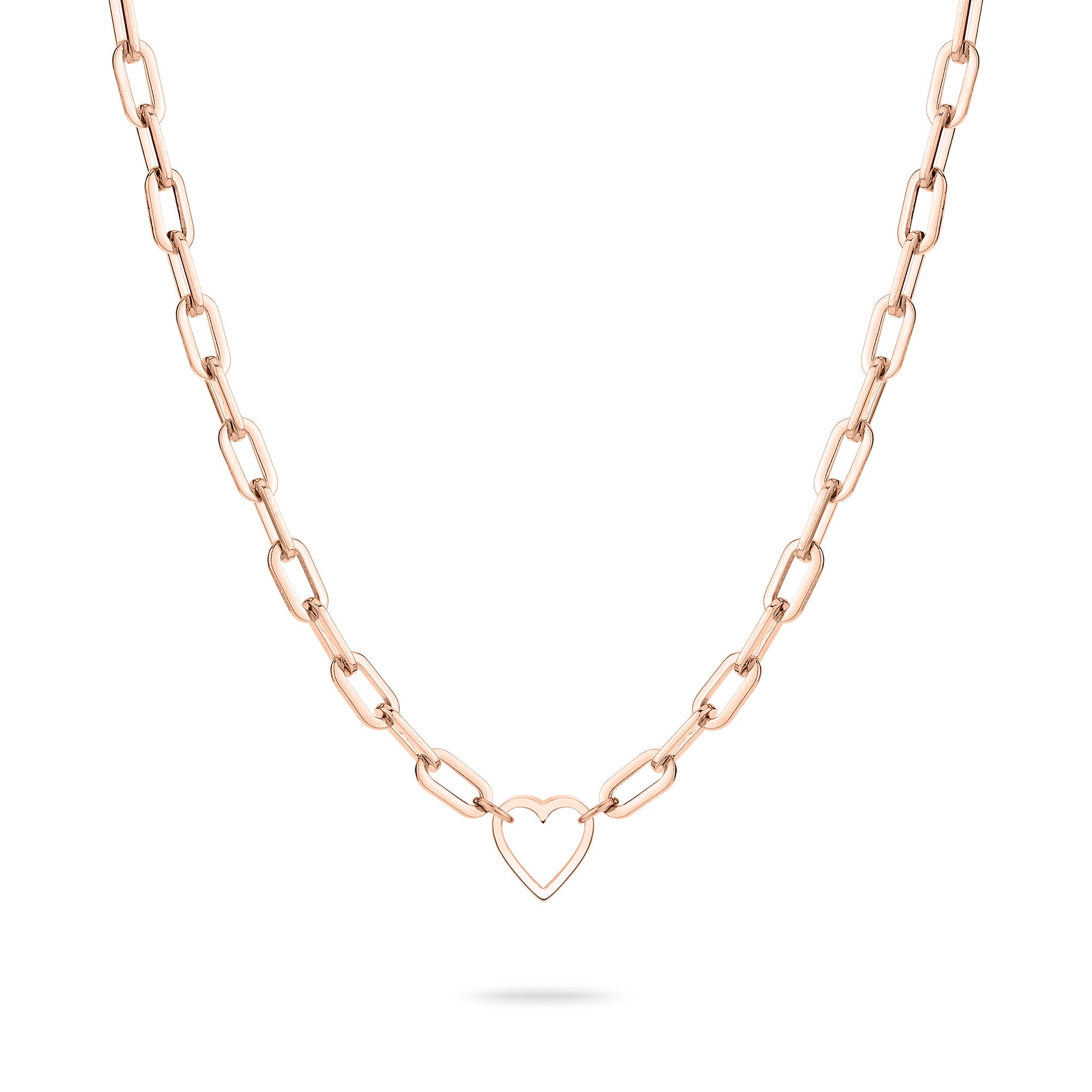 Die roségoldene Liebeskind Berlin Halskette - In Liebe ist mit einem herzförmigen Anhänger versehen und eignet sich perfekt als Geschenk; sie ist auf weißem Hintergrund abgebildet.