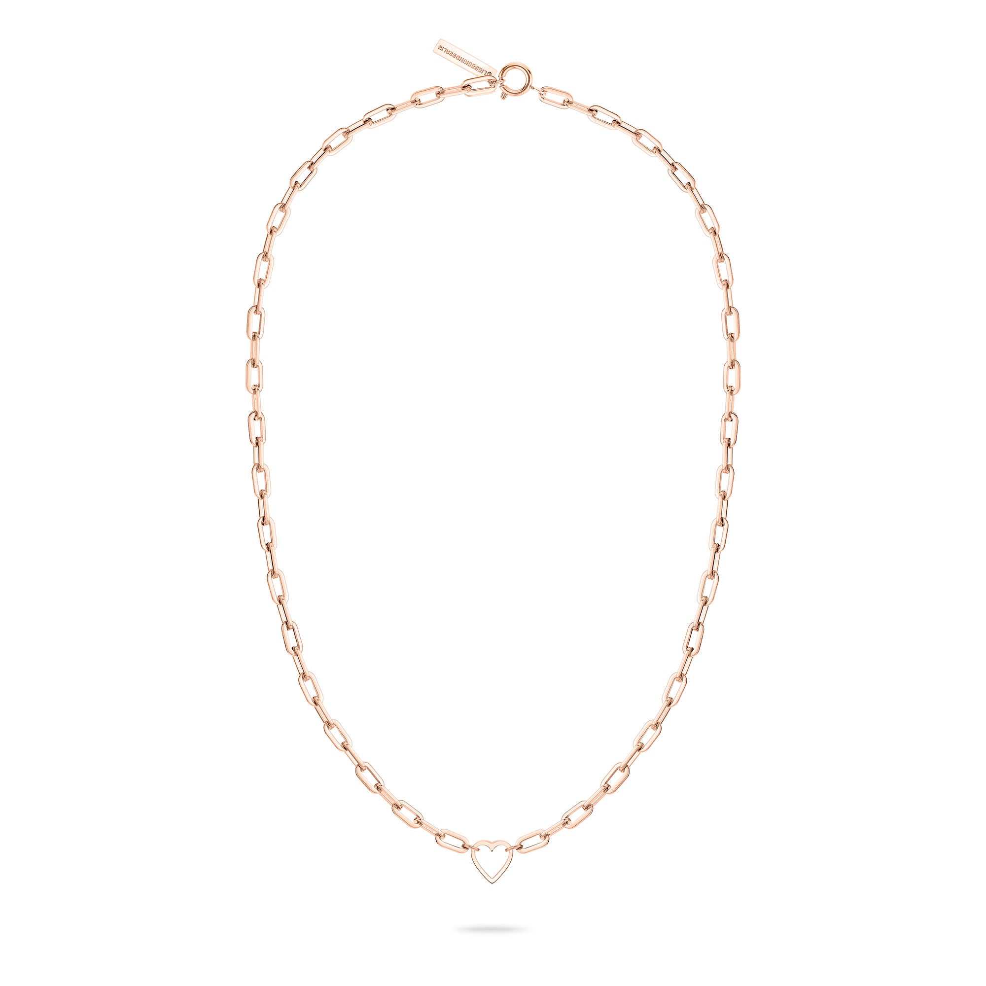 Goldkette mit ovalen Gliedern und einem Herzanhänger, inspiriert von der Liebeskind Berlin Halskette - In Liebe - ein ideales Geschenk von Liebeskind Berlin, auf weißem Hintergrund.