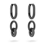 Vier schwarze Liebeskind Berlin Ohrring - Modern Knot Ohrringe, zwei schlichte und zwei mit doppelten baumelnden Knoten, bilden ein zeitloses Accessoire vor weißem Hintergrund.