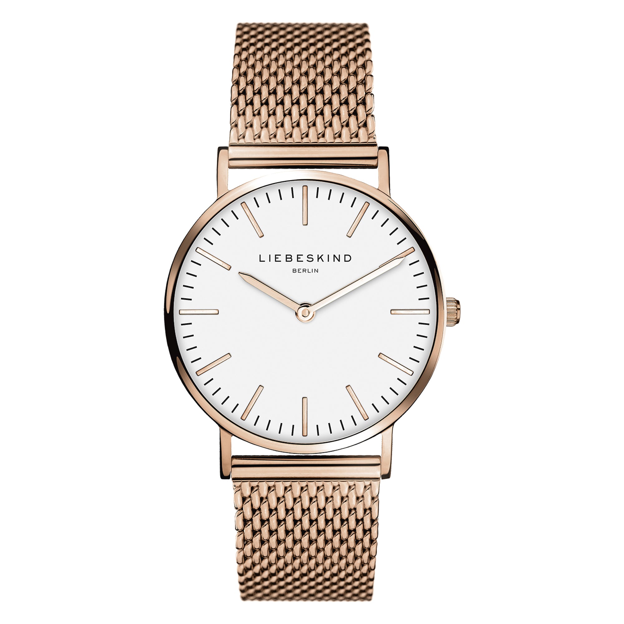 Liebeskind Berlin Armbanduhr mit roségoldenen Indizes, roségoldenem Gehäuse und roségoldenem Meshband; Produktbild