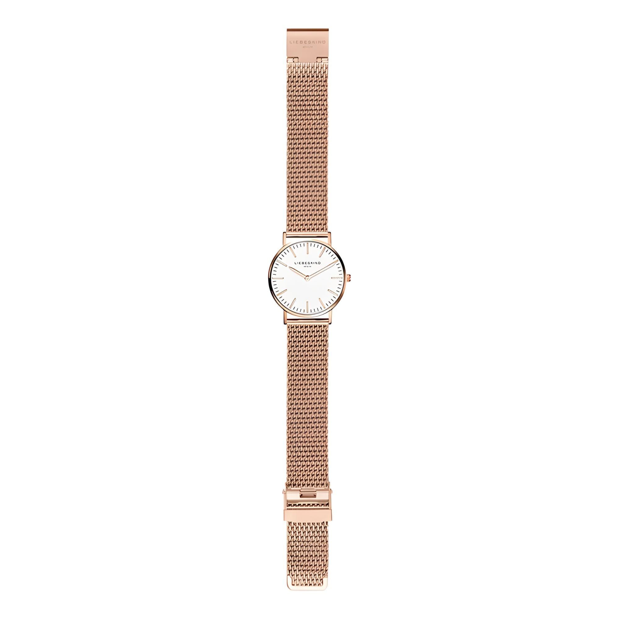 Die LIEBESKIND BERLIN Armbanduhr - The Everyday Must-Have von Liebeskind Berlin aus roségoldenem Edelstahl mit Meshband und weißem Zifferblatt besticht durch ihr minimalistisches Design auf weißem Hintergrund.