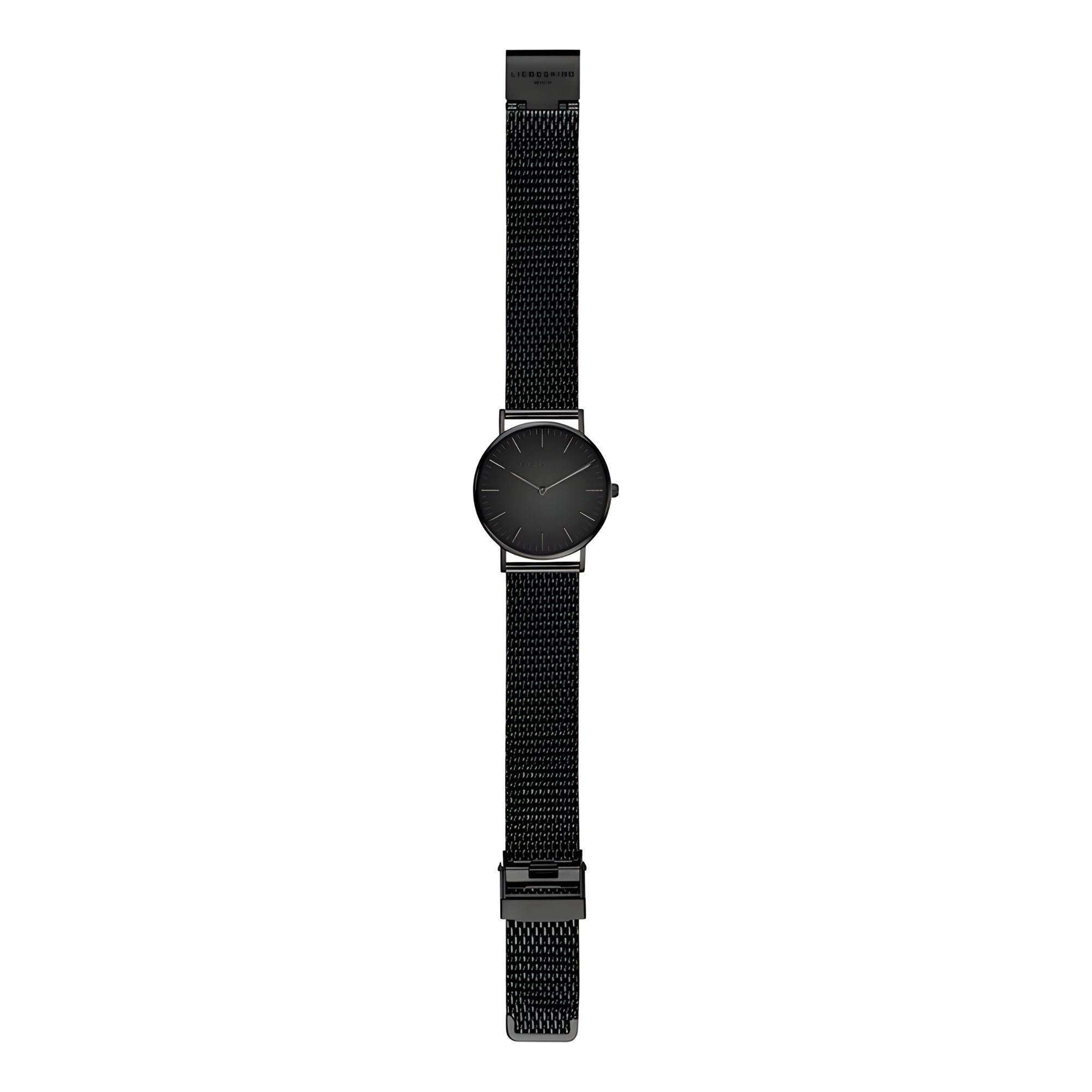 Minimalistisches Design: Die LIEBESKIND BERLIN Armbanduhr - The Everyday Must-Have mit schwarzem Meshband von Liebeskind Berlin wird stilvoll auf weißem Hintergrund präsentiert.