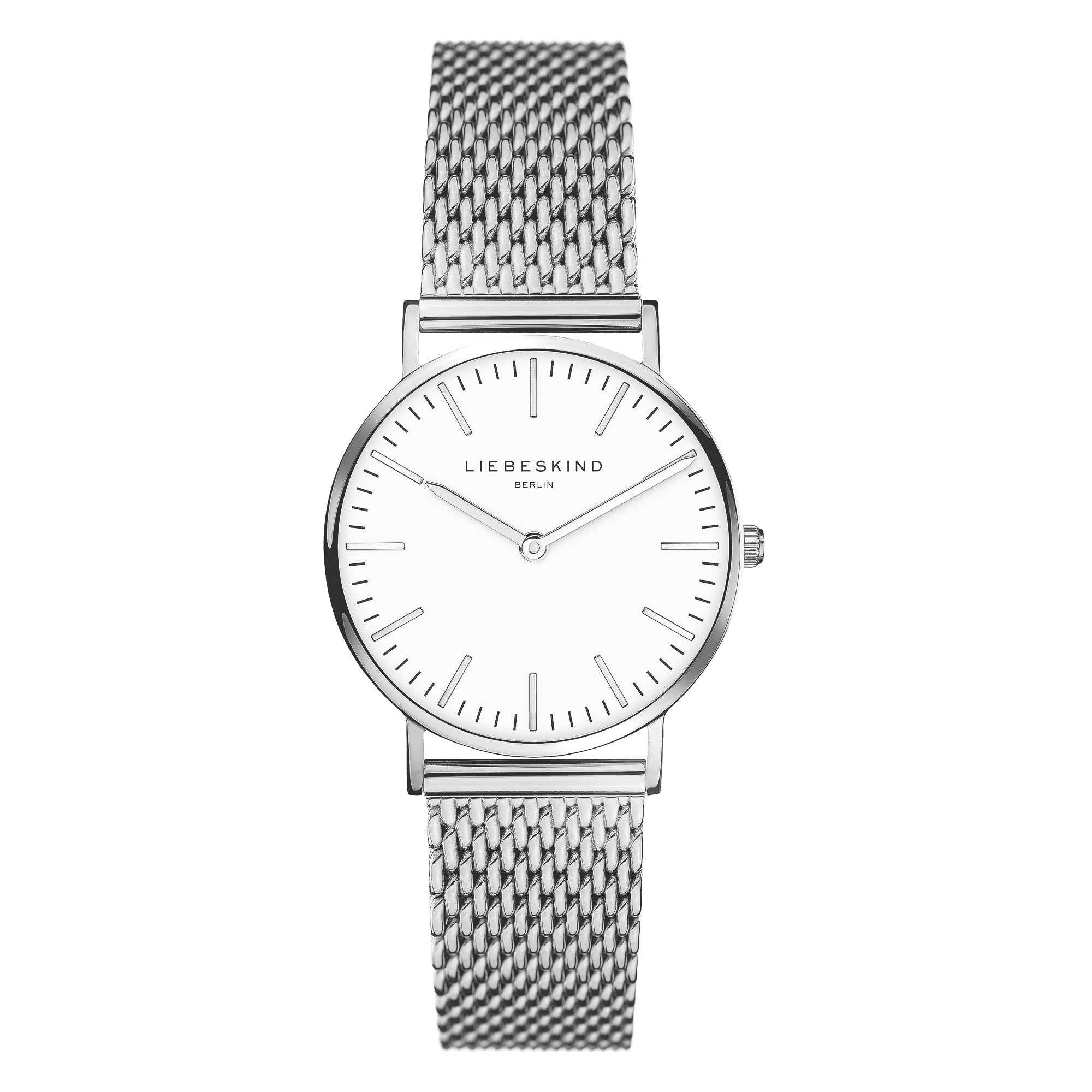 Liebeskind Berlin Armbanduhr mit silbernen Indizes, silbernem Gehäuse und silbernem Meshband; Produktbild
