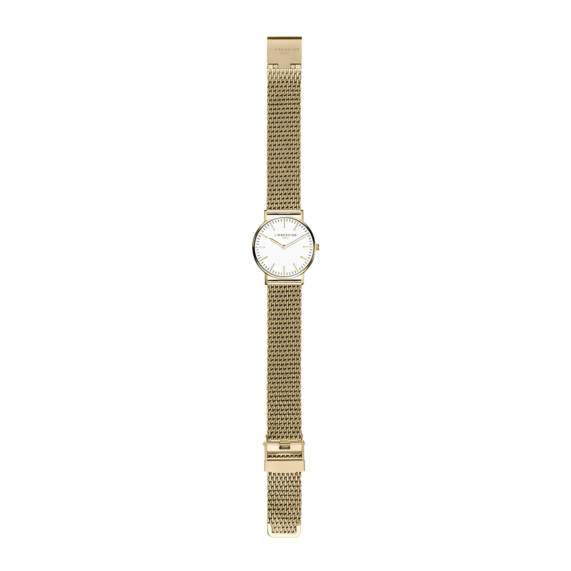 Liebeskind Berlin Armbanduhr mit goldenen Indizes, goldenem Gehäuse und goldenem Meshband; Zusatzbild