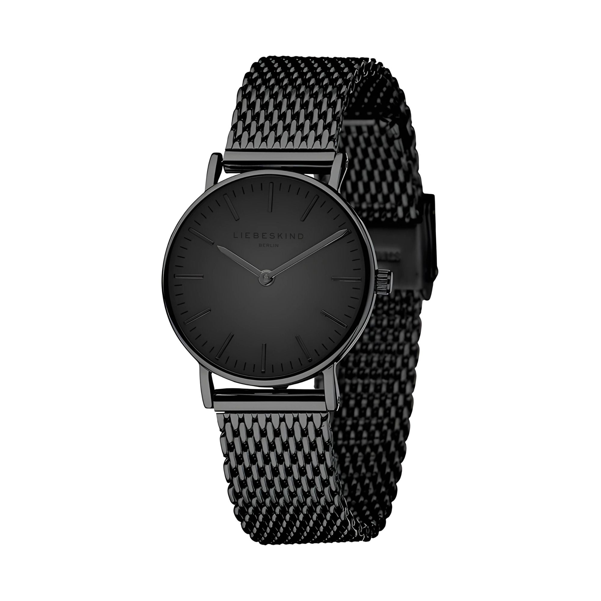 Liebeskind Berlin Armbanduhr mit schwarzem Zifferblatt, schwarzen Indizes, schwarzem Gehäuse und schwarzem Meshband; Produktbild