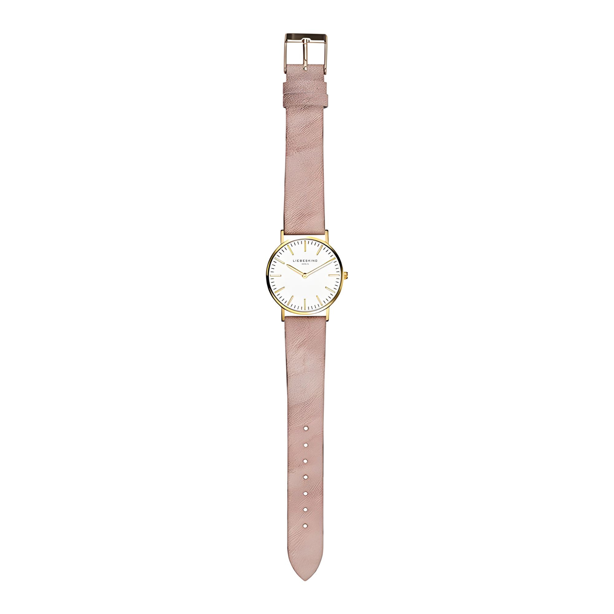Liebeskind Berlin Armbanduhr mit goldenen Indizes, goldenem Gehäuse und rosa Lederband im Vintagestyle; Zusatzbild