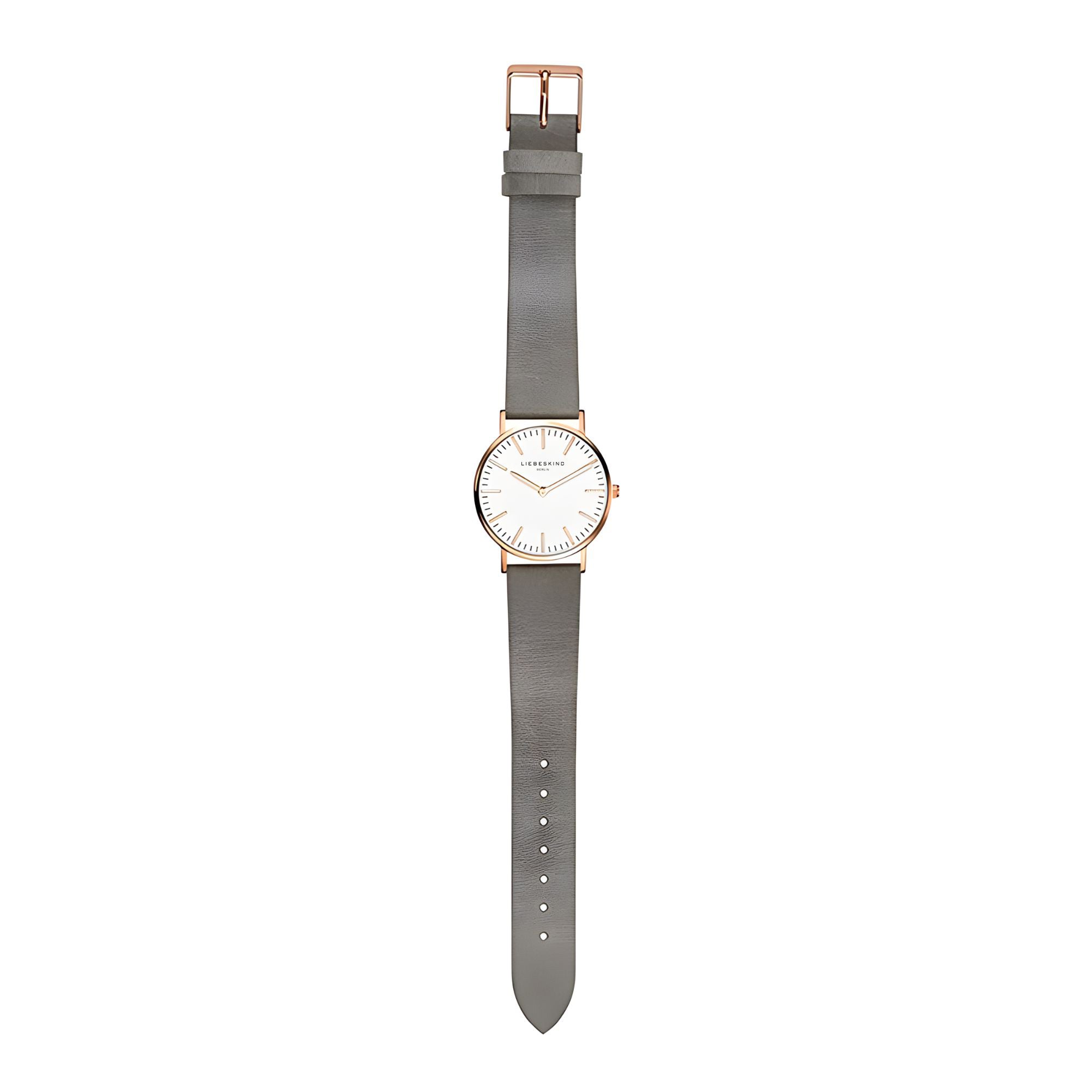Die LIEBESKIND BERLIN Armbanduhr - The Vintage Must-Have von Liebeskind Berlin hat ein weißes Zifferblatt, ein goldenes Gehäuse und ein graues Lederarmband im Vintage-Look auf weißem Grund.