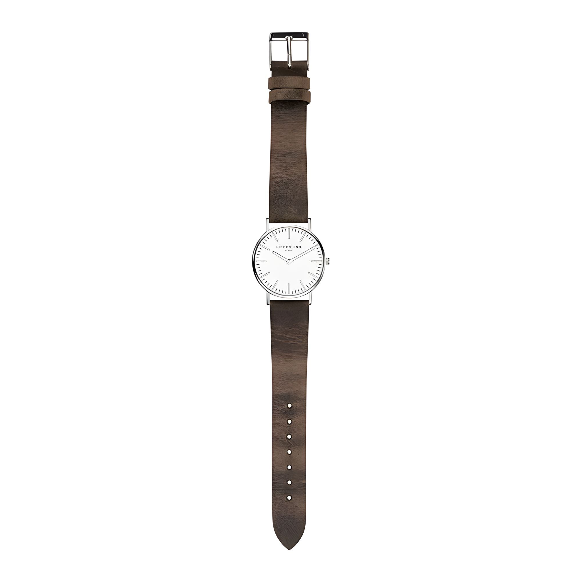 Liebeskind Berlin Armbanduhr mit silbernen Indizes, silbernem Gehäuse und braunem Lederband im Vintage-Style; Komplettansicht