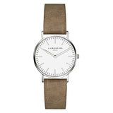 Liebeskind Berlin Armbanduhr mit silbernen Indizes, silbernem Gehäuse und braunem Lederband im Vintage-Style; Produktbild