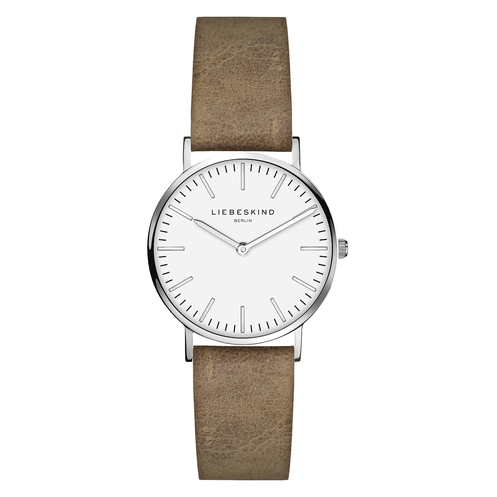 Liebeskind Berlin Armbanduhr mit silbernen Indizes, silbernem Gehäuse und braunem Lederband im Vintage-Style; Produktbild