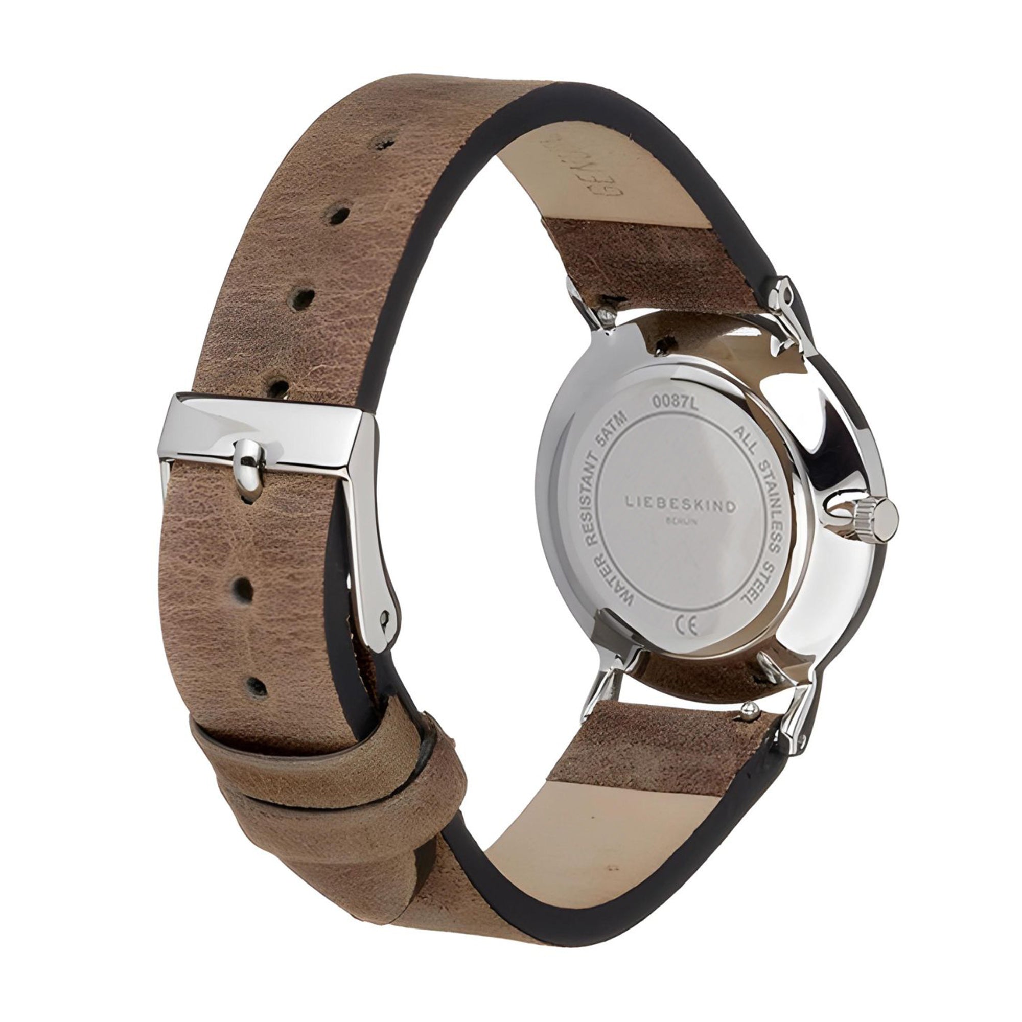 Liebeskind Berlin Armbanduhr mit silbernen Indizes, silbernem Gehäuse und braunem Lederband im Vintage-Style; Rückansicht