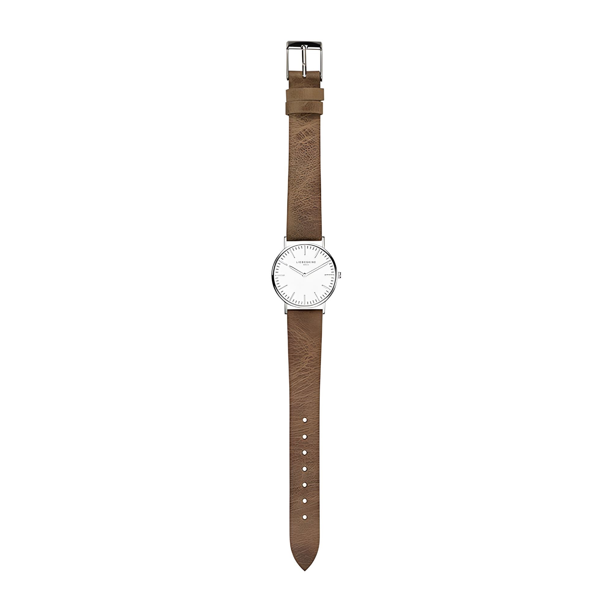 Liebeskind Berlin Armbanduhr mit silbernen Indizes, silbernem Gehäuse und braunem Lederband im Vintage-Style; Zusatzbild