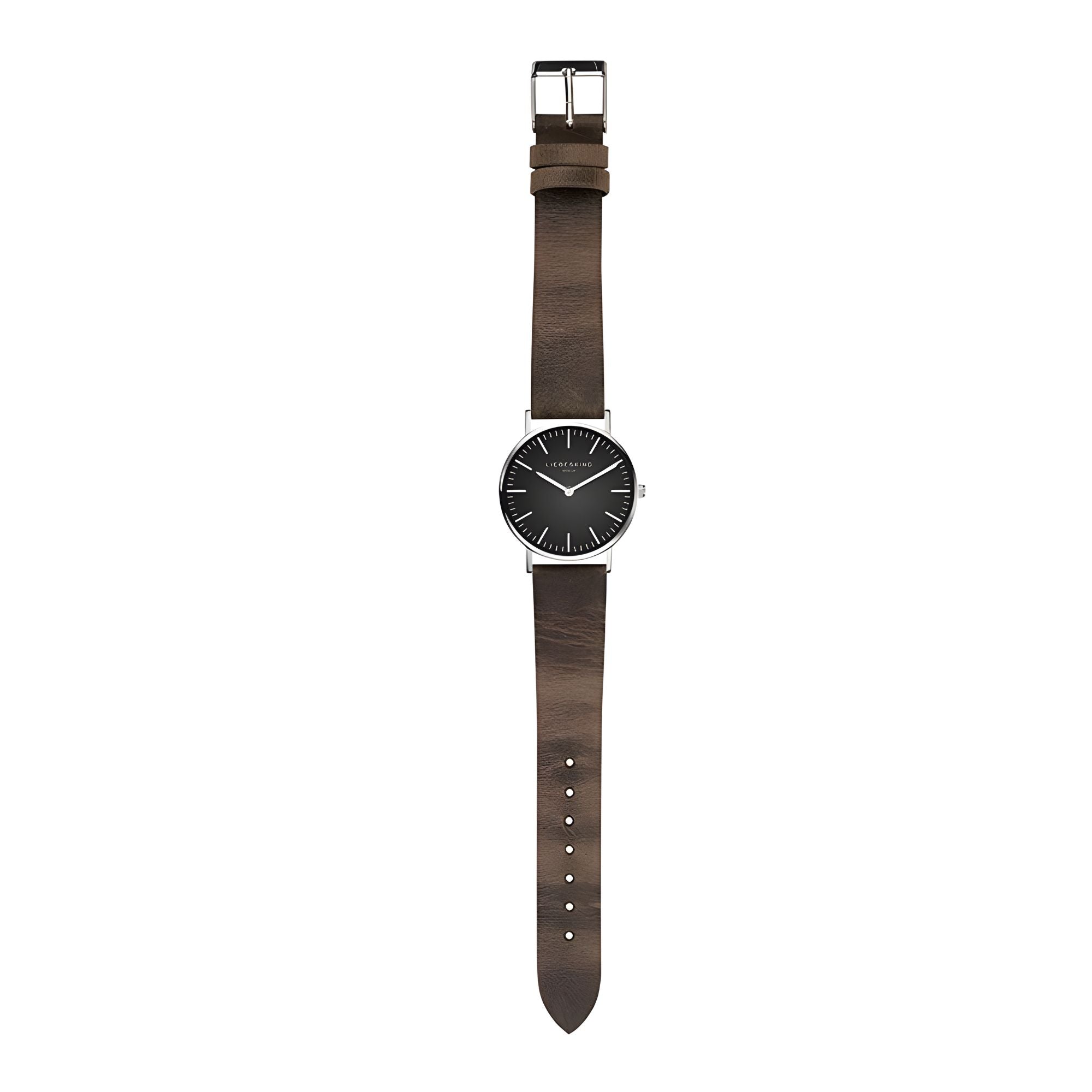 Liebeskind Berlin Armbanduhr mit schwarzem Zifferblatt, silbernen Indizes, silbernem Gehäuse und braunem Lederband; Zusatzbild