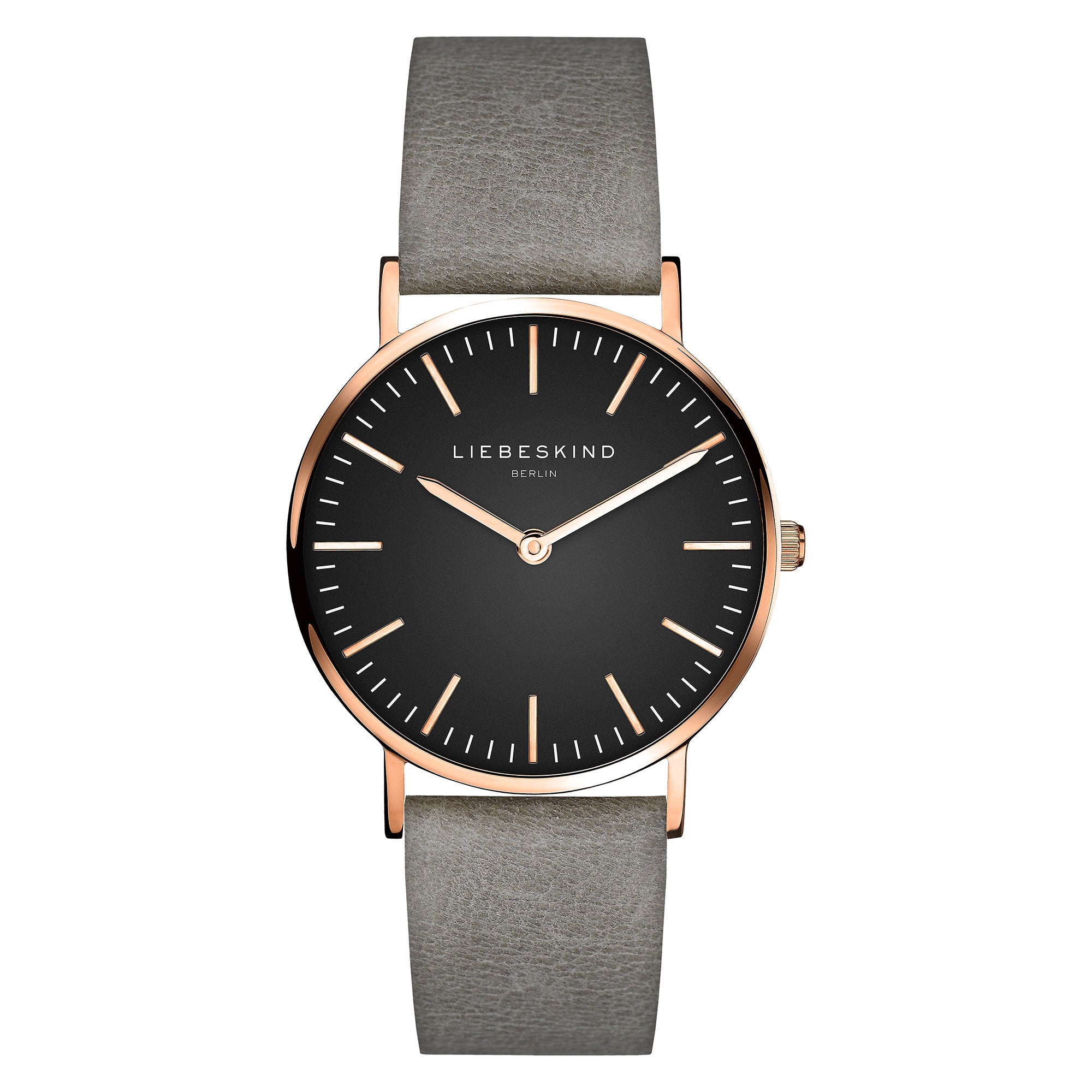 Liebeskind Berlin Armbanduhr mit schwarzem Zifferblatt, roségoldenen Indizes, roségoldenem Gehäuse und grauem Lederband; Produktbild